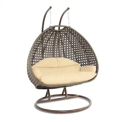 Front. LeisureMod - Leisuremod 2-Person Wicker Egg Swing Chair with Stand & Washable Cushions - Indoor/Outdoor Double Hanging Patio Chair - Cream.