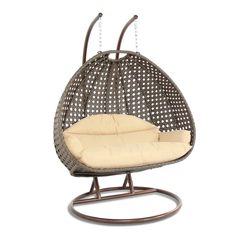 Front. LeisureMod - Leisuremod 2-Person Wicker Egg Swing Chair with Stand & Washable Cushions - Indoor/Outdoor Double Hanging Patio Chair - Cream.