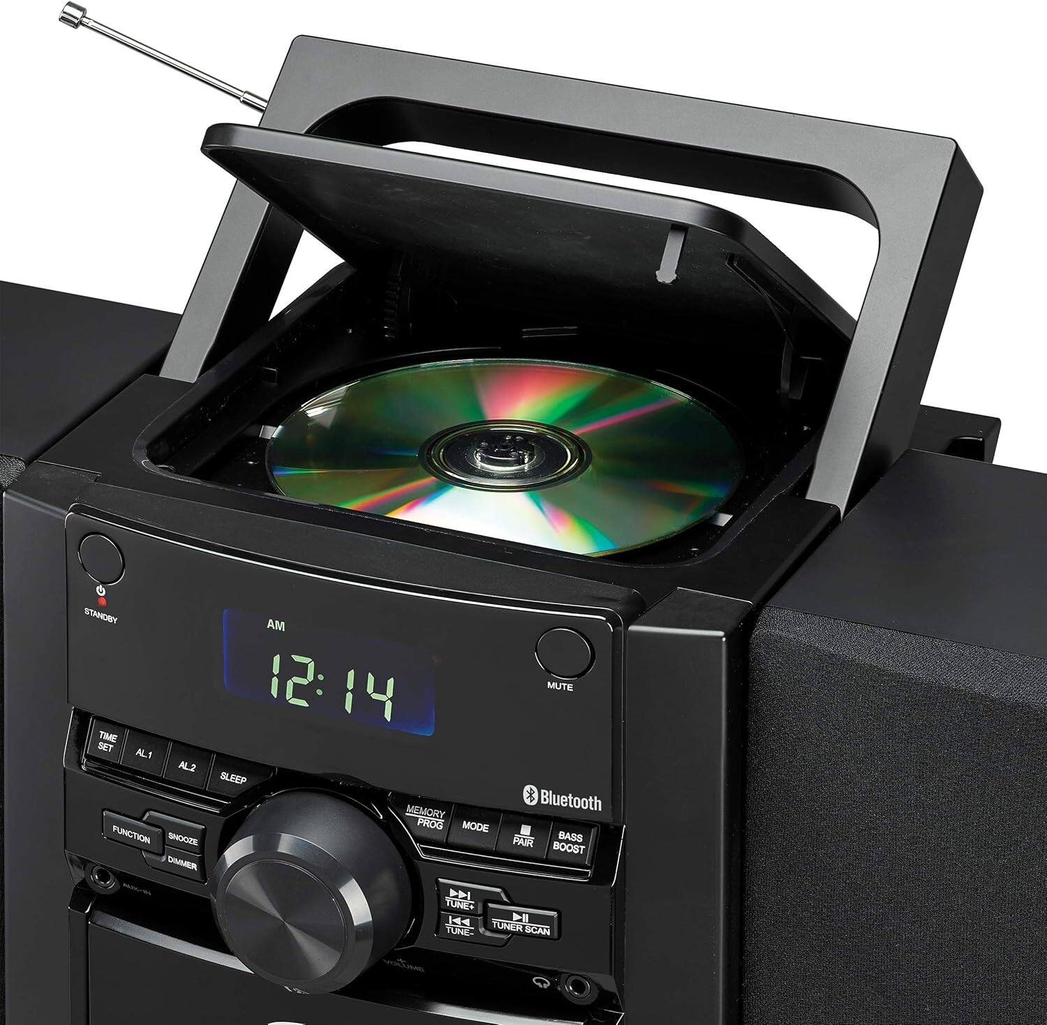 STANDBY AM 12:14 TIME SET AL1 AL2 BLEEP MEMORY PROG MODE FUNCTION SNOOZE DIMMER MUTE Bluetooth - PAIR BASS BOOST TUNE 1 TUNER SCAN
