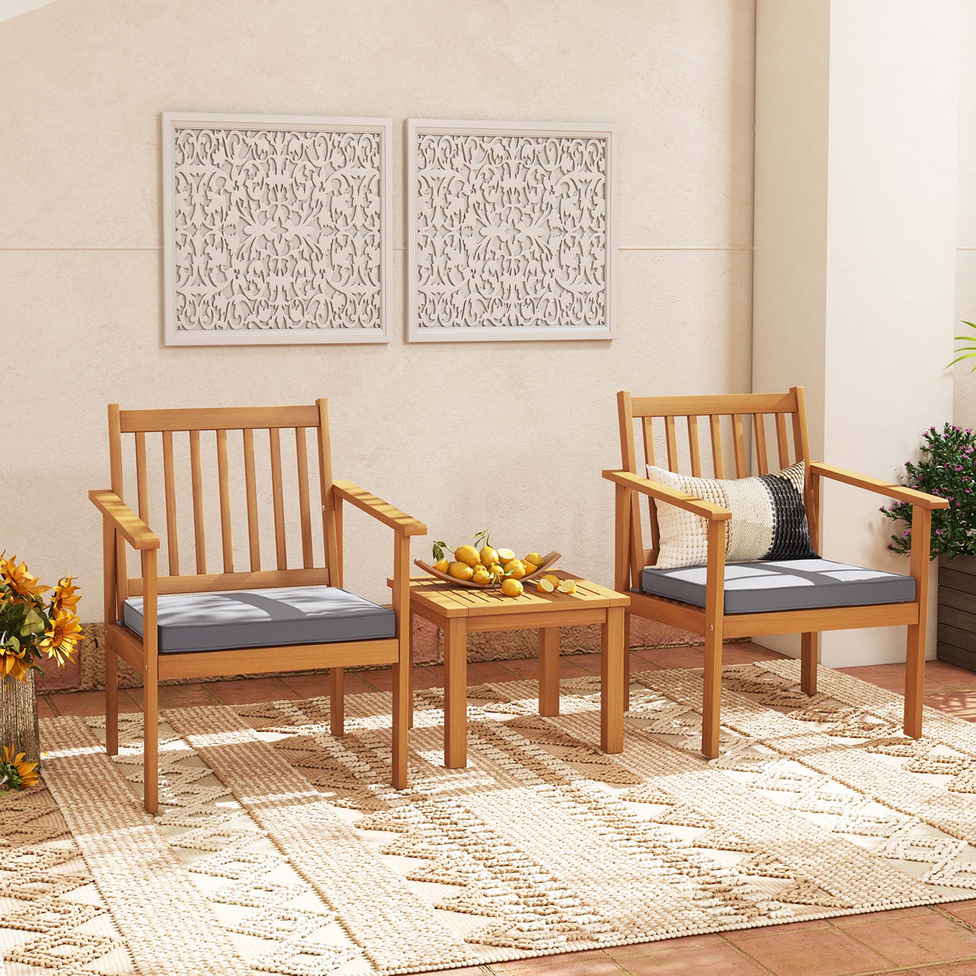 Alt View 3. Costway - 3 PCS Patio Wood Furniture Set Acacia Wood Chairs & Coffee Table with soft Cushions - Grey + Natural.