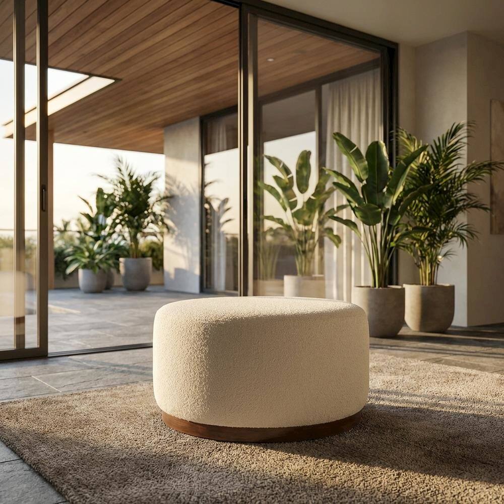 Angle. Outdoor Escape - Dark beige boucle upholstered outdoor ottoman, versatile design, compact size - Brown.