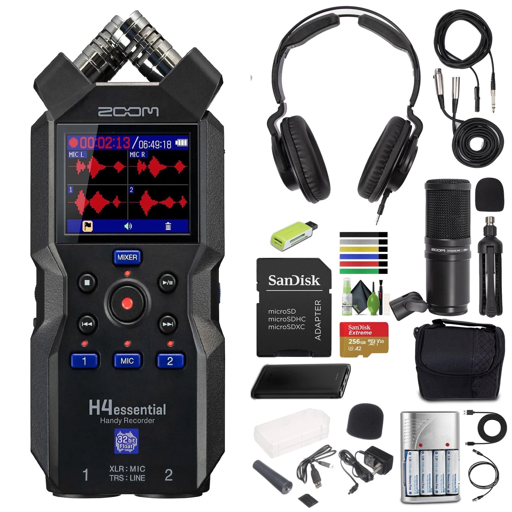 Zoom - H4essential 4-Track Handy Recorder (2024 Model, Essential Series) with Headphones and More Bundle - Black