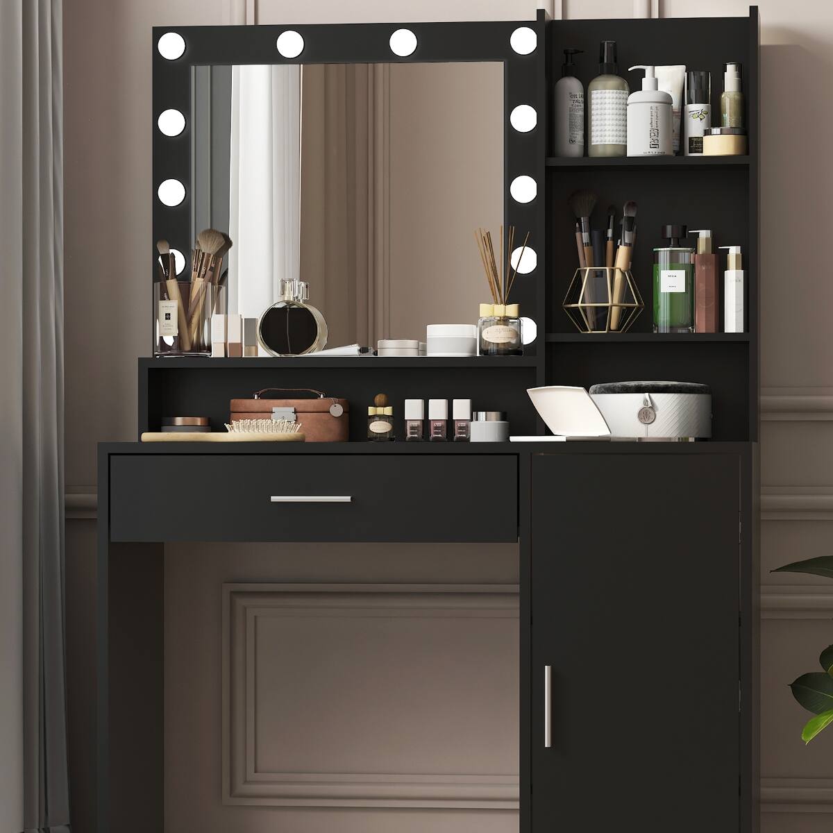 Back. Loheer - Loheer Makeup Vanity Desk with Mirror and Lights, Black Vanity Desk with Storage - Black.