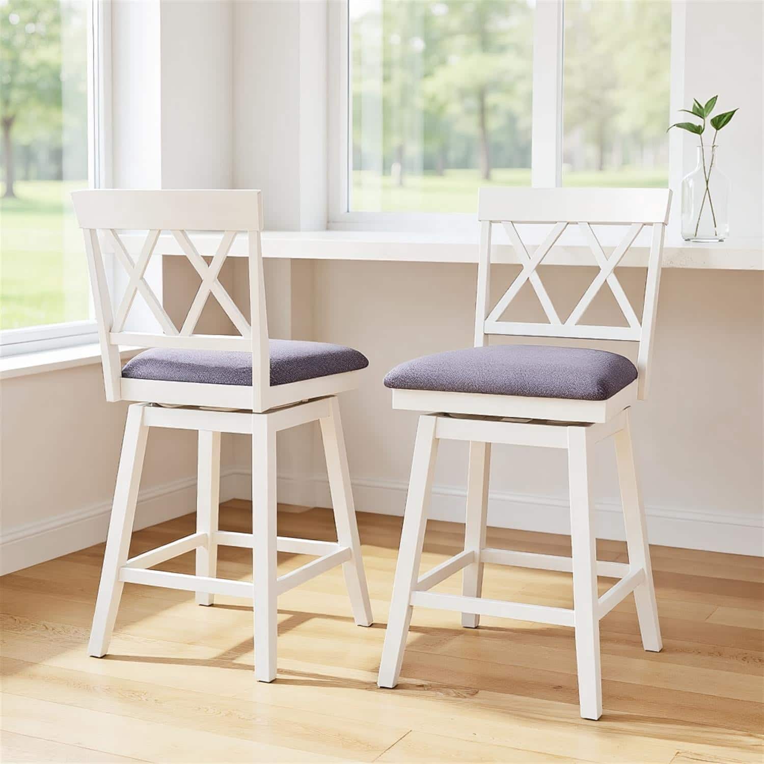 Pefilos - 24 Inch Counter Height Barstools with Backrest and Upholstered Seat, Modern Kitchen Island Stools f Ergonomic - White