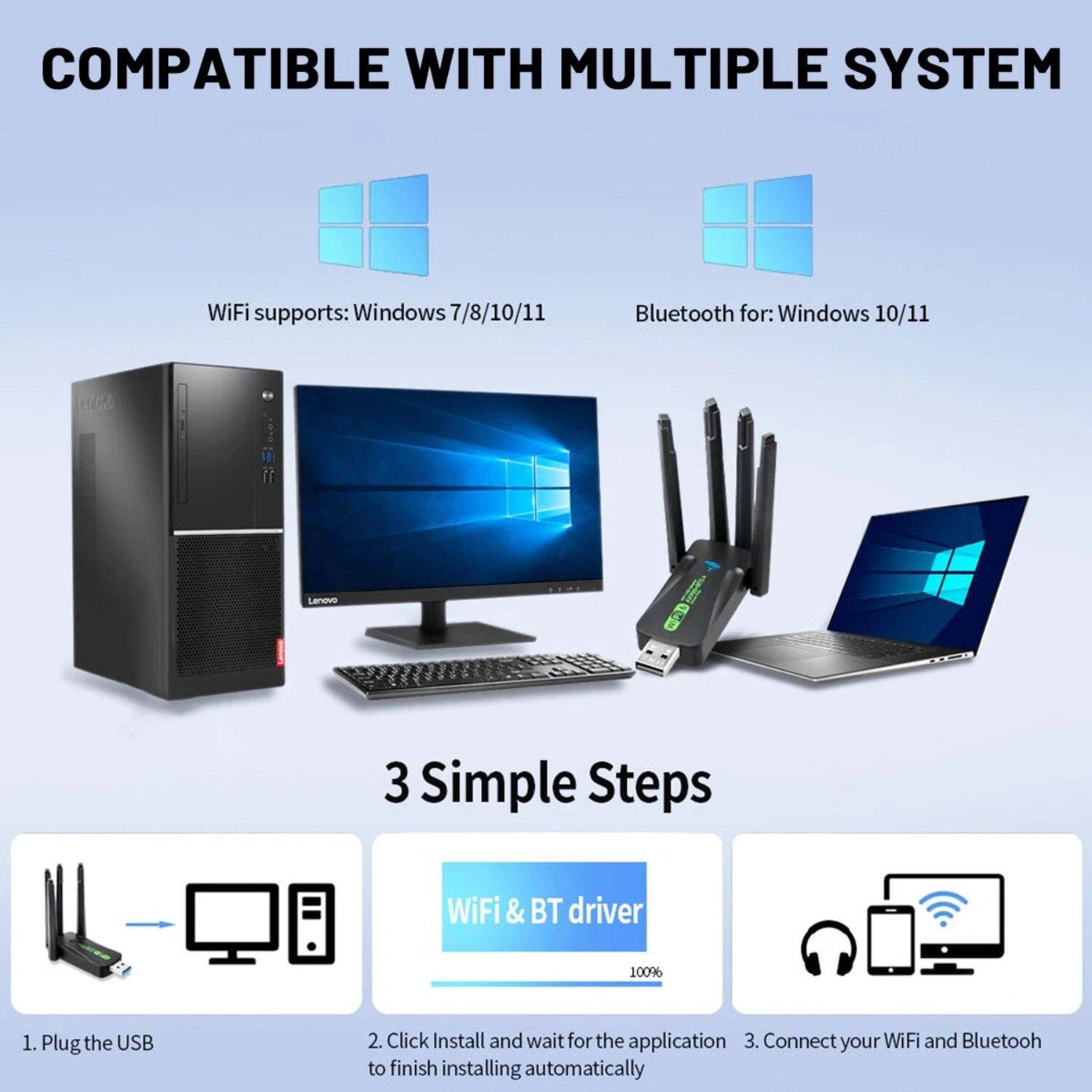 COMPATIBLE WITH MULTIPLE SYSTEM

WiFi supports: Windows 7/8/10/11  
Bluetooth for: Windows 10/11

3 Simple Steps

1. Plug the USB  
2. Click Install and wait for the application to finish installing automatically  
3. Connect your WiFi and Bluetooth

WiFi & BT driver 100%