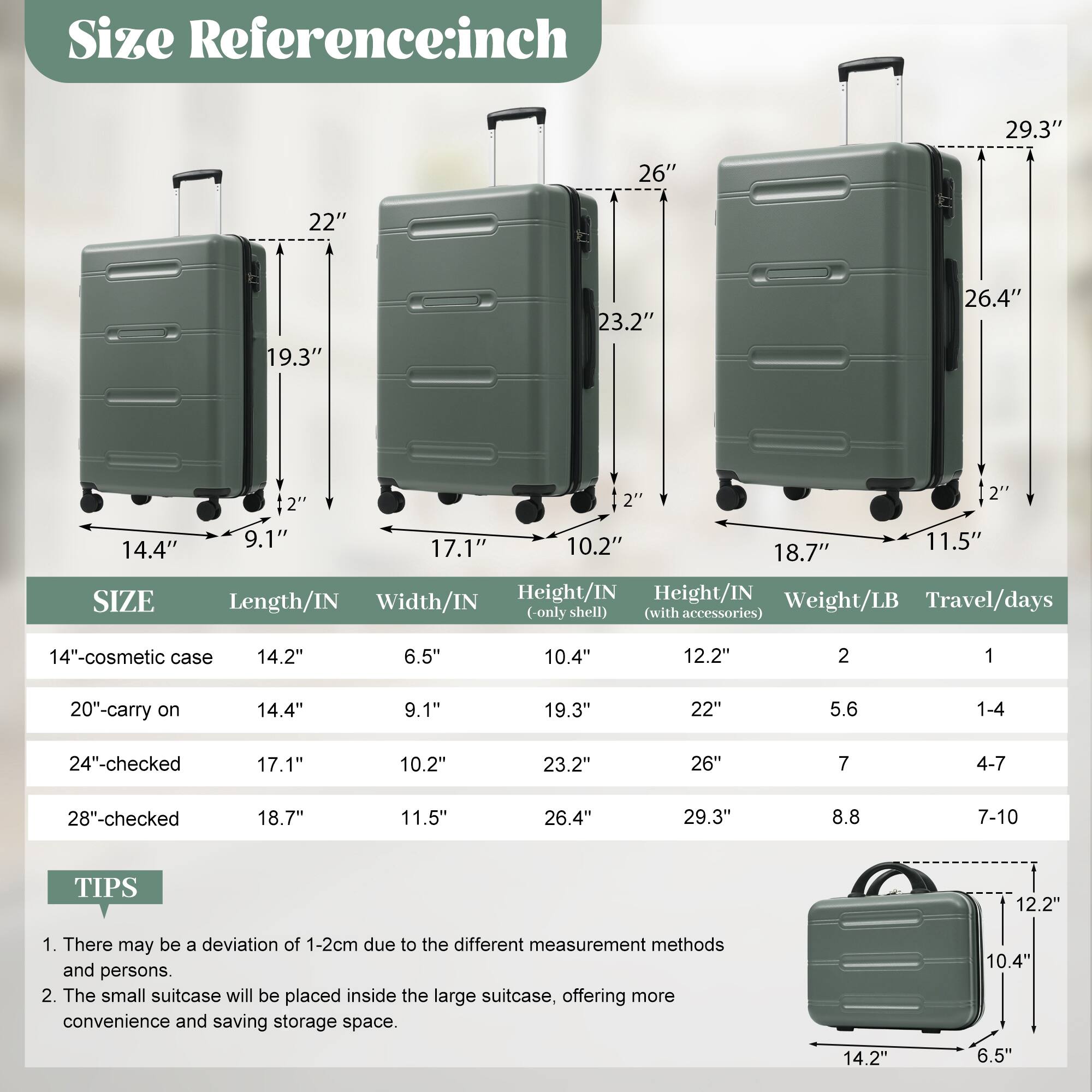 Size Reference: inch

29.3" 26" 22" 19.3" 23.2" 26.4" 14.4"  
2" 2" 12" 9.1" 17.1" 10.2" 11.5" 18.7"  

| SIZE       | Length/IN | Width/IN | Height/IN (only shell) | Height/IN (with accessories) | Weight/LB | Travel/days |
|-----------|----------|---------|----------------------|---------------------------|----------|------------|
| 14"-cosmetic case | 14.2"    | 6.5"    | 10.4"                | 12.2"                     | 2        | 1          |
| 20"-carry on     | 14.4"    | 9.1"    | 19.3"                | 22"                      | 5.6      | 1-4        |
| 24"-checked     | 17.1"    | 10.2"  