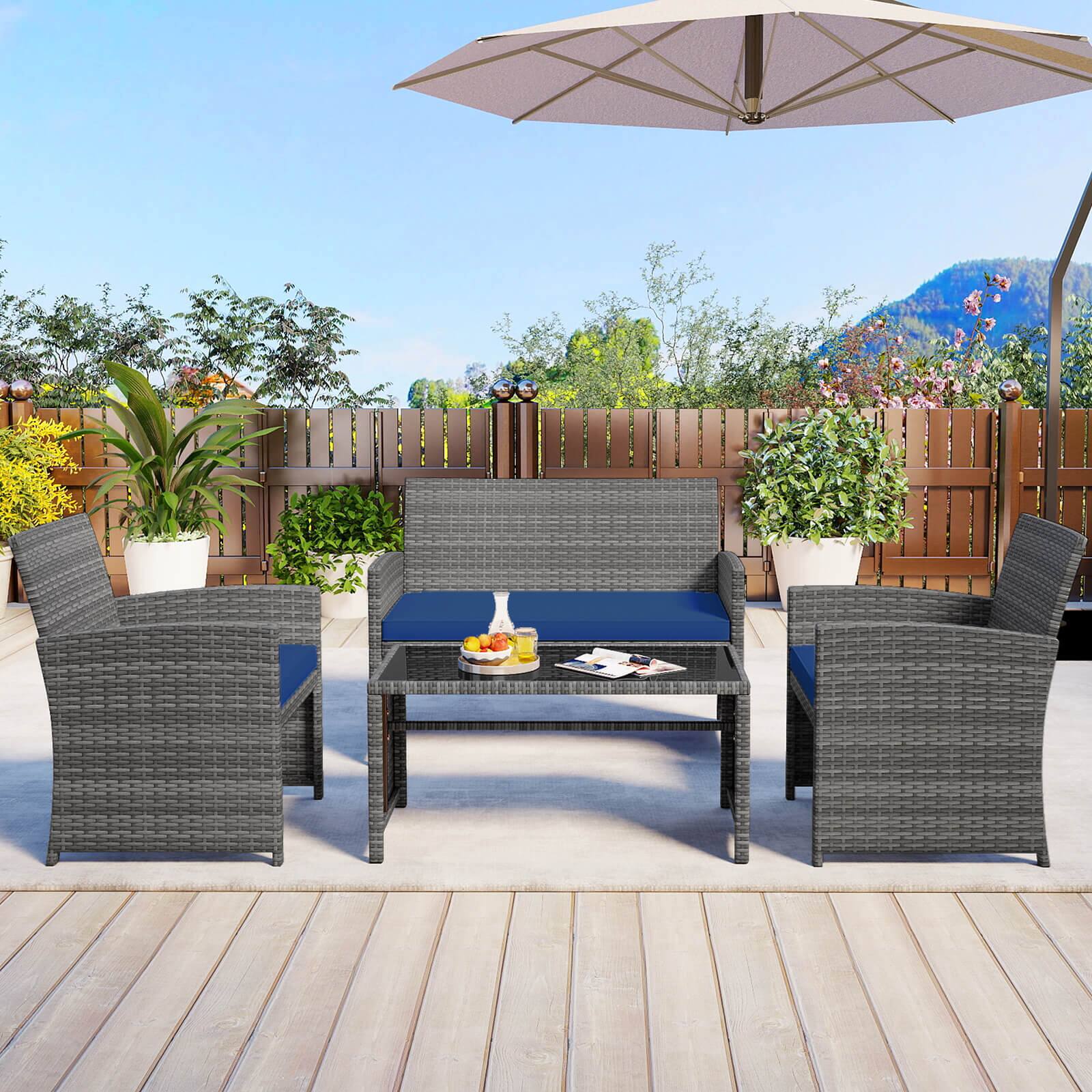 Alt View 3. Costway - Costway 8 PCS Patio Conversation Set with Seat Cushions & Tempered Glass Tabletop, Outdoor - Navy,Gray.