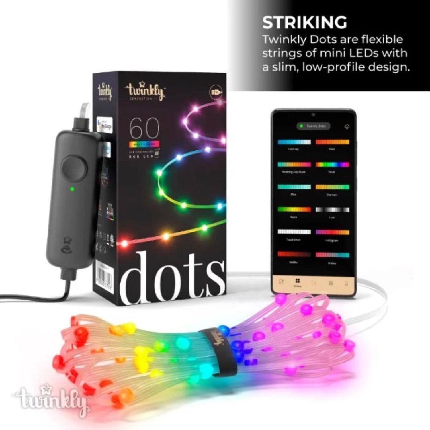 Twinkly Dots are flexible strings of mini LEDs with a slim, low-profile design.