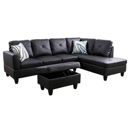 Front. Boyel Living - Premium Semi PU Upholstered Sofa Solid Wood Frame Double Spring with Right Chaise Lounge - Black.