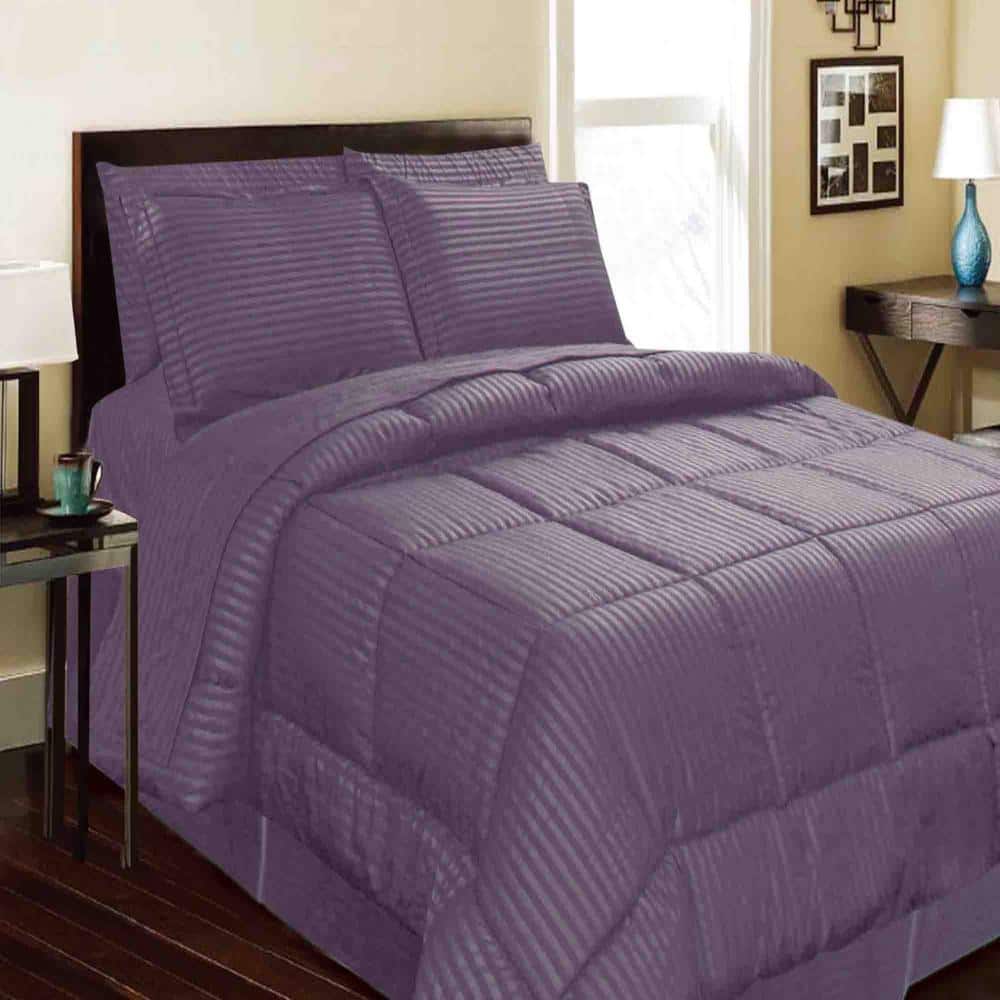 Plazatex - Embossed 8-Pieces Stripe All Season Ultra Soft High Quality Microplush Comforter Set, Queen - Plum