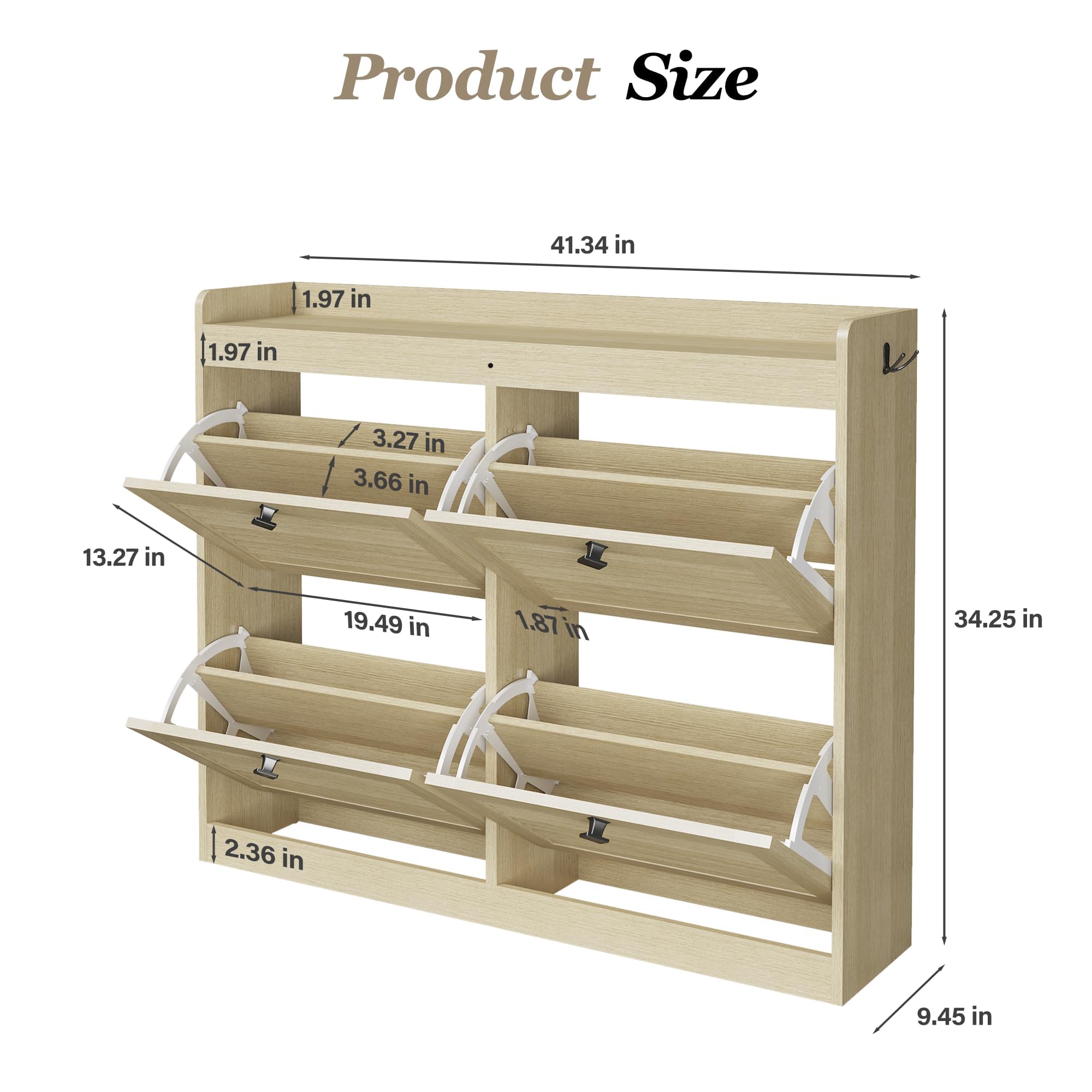 Product Size

- Length: 41.34 in
- Width: 13.27 in
- Height: 34.25 in
- Depth: 9.45 in
- Shelf Depth: 1.97 in
- Shelf Height: 3.27 in
- Shelf Spacing: 3.66 in
- Side Thickness: 1.87 in
- Bottom Thickness: 2.36 in