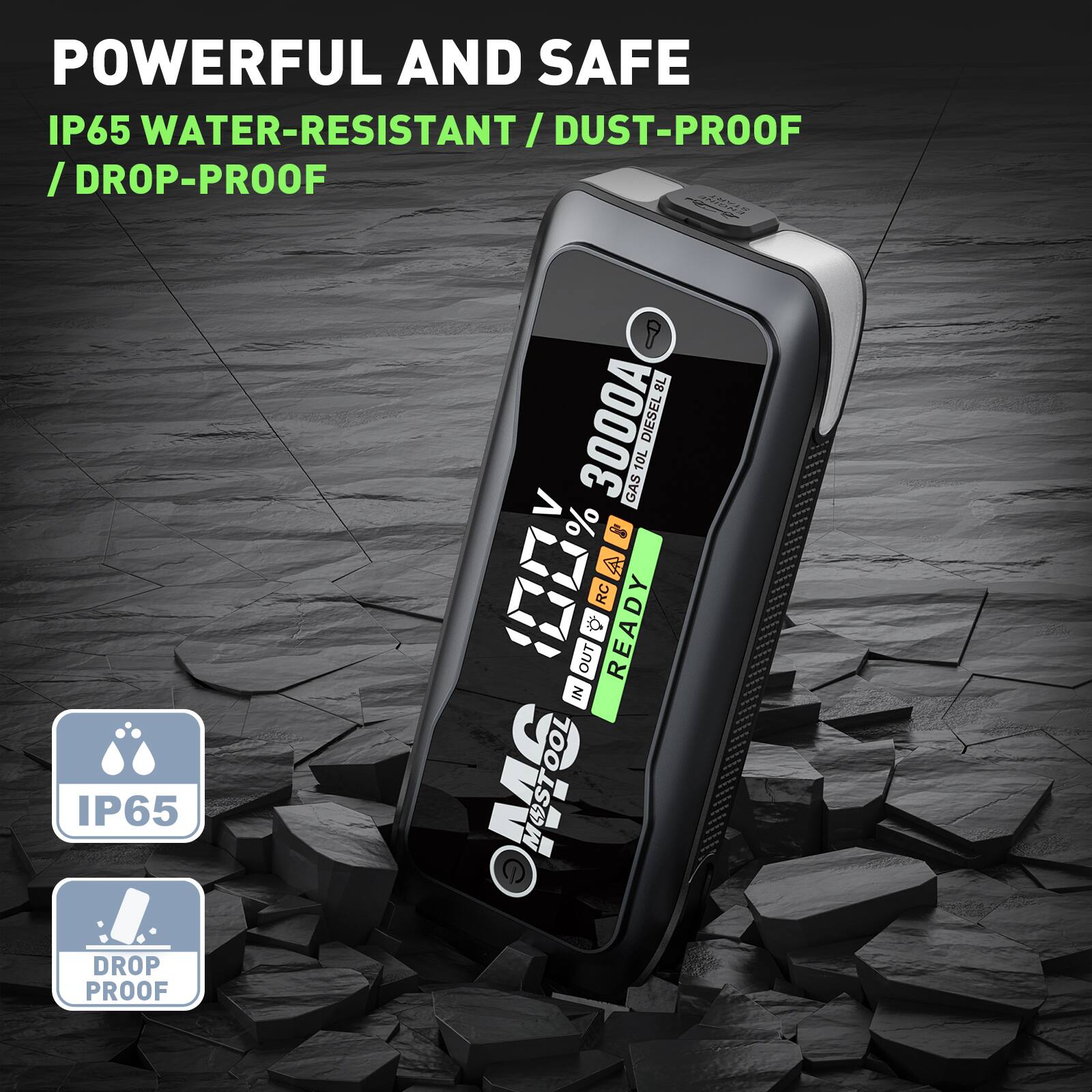 POWERFUL AND SAFE  
IP65 WATER-RESISTANT / DUST-PROOF / DROP-PROOF  

L 3000A DIESEL 10L  
GAS %  
RC READY  
OUT IN AC