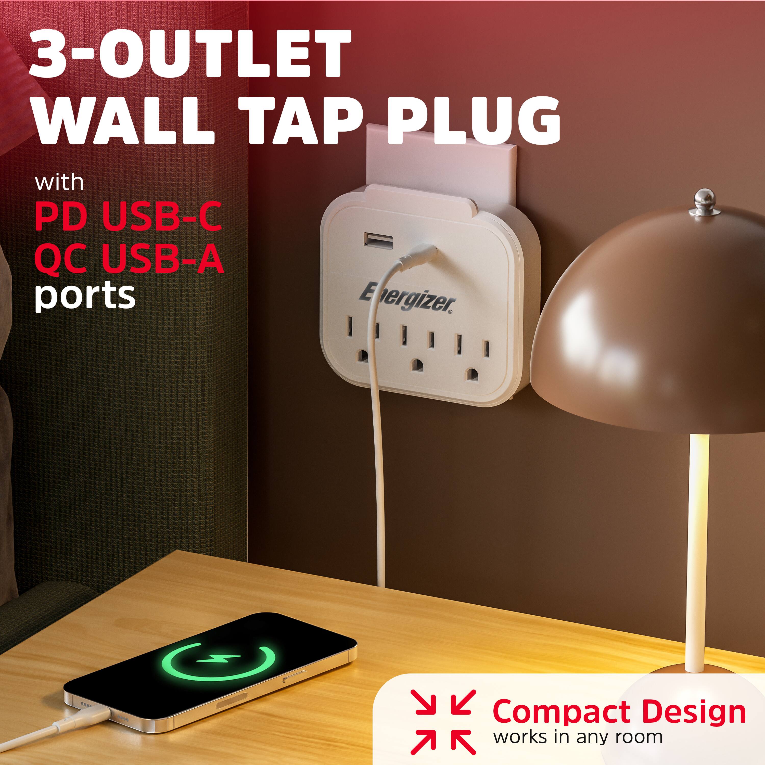 3-OUTLET WALL TAP PLUG  
with PD USB-C QC USB-A ports  

Compact Design  
works in any room