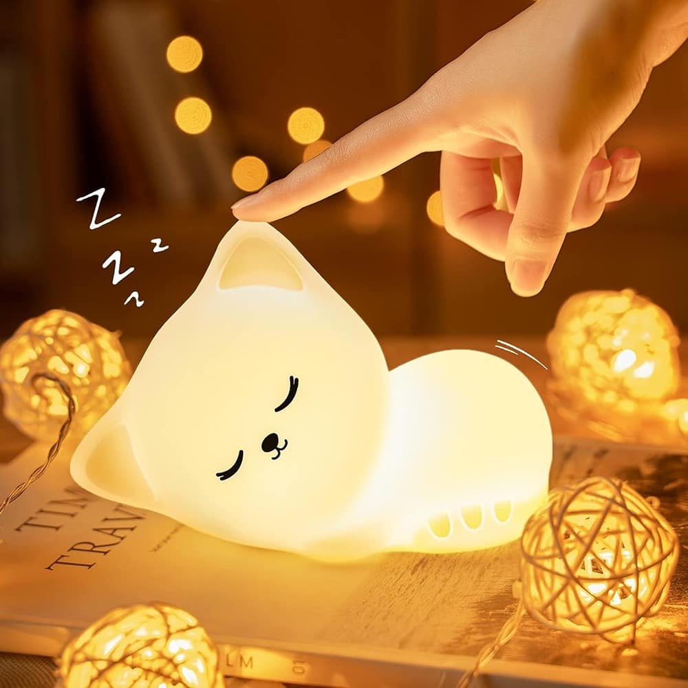Schertz - 16-Color Cat Night Light for Kids, Silicone Rechargeable Dimmable Nursery Lamp - ‎White