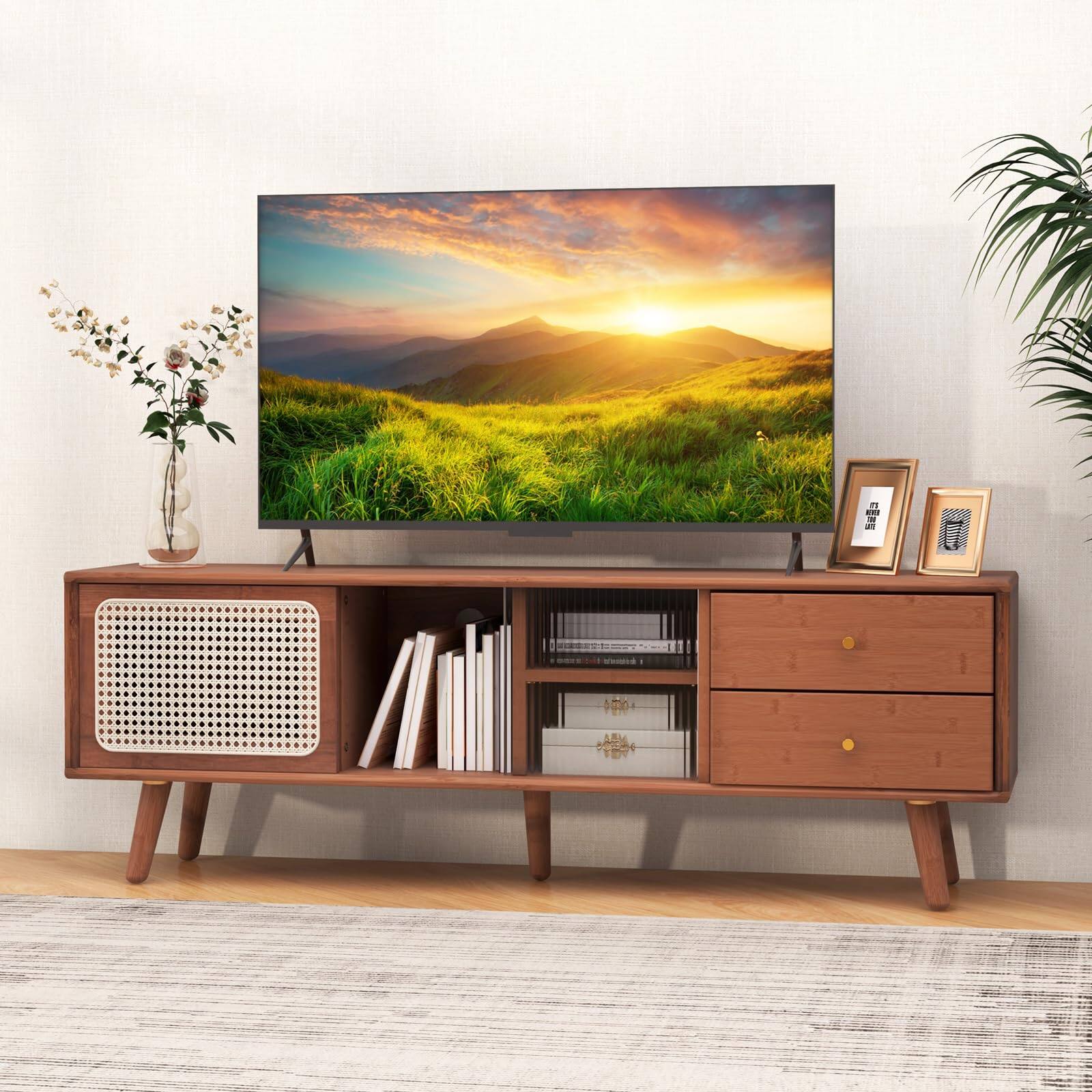 Alt View 8. Ecooso - Bamboo TV Stand for TVs up to 65 Inch with Open Storage Shelves - Brown.