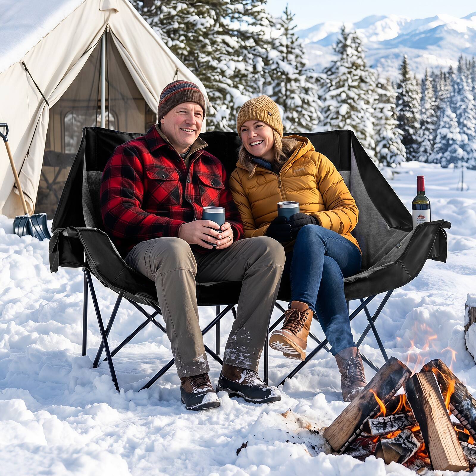 Alt View 1. Gymax - Gymax Heated Double Camping Chair w/4 Heating Zones & 3 Heat LevelsWine Glass Holders Black - Black.