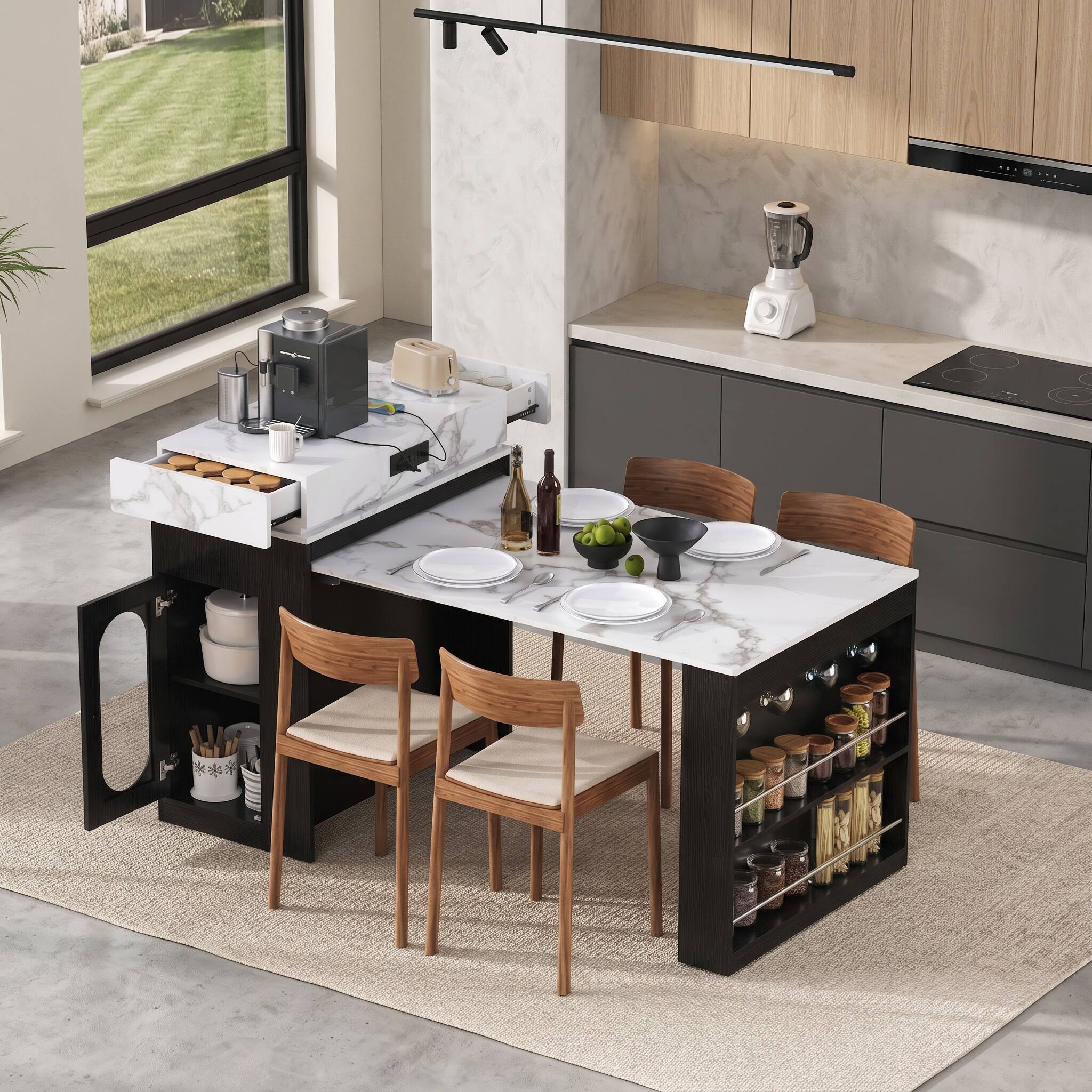 Alt View 10. Forest'nSky - Black Sideboard Buffet Cabinet Extendable Dining Table with Folding Tabletop,Drawers and Power Outlet - Black.
