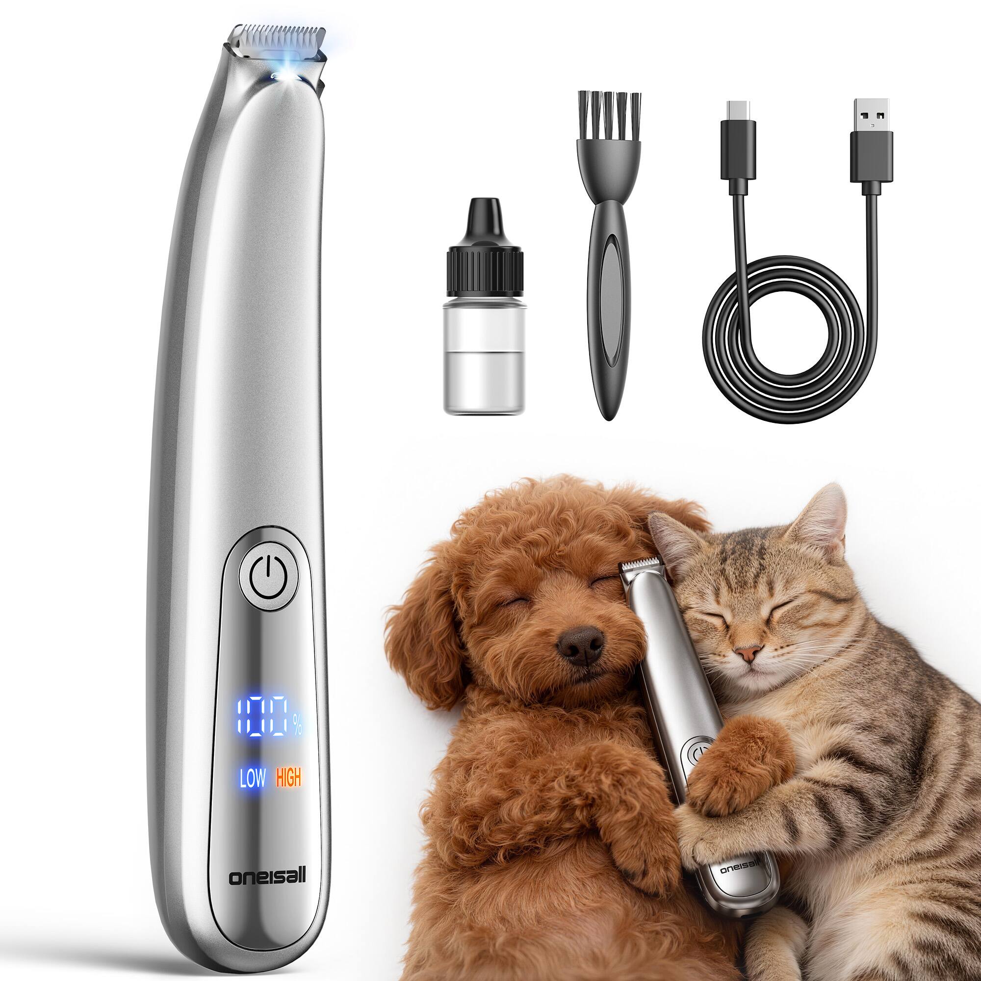 Oneisall - Cordless Dog Cat Paw Trimmer with LED Light Low Noise 2 Speed Pet Clipper for Toes and Sensitive Areas