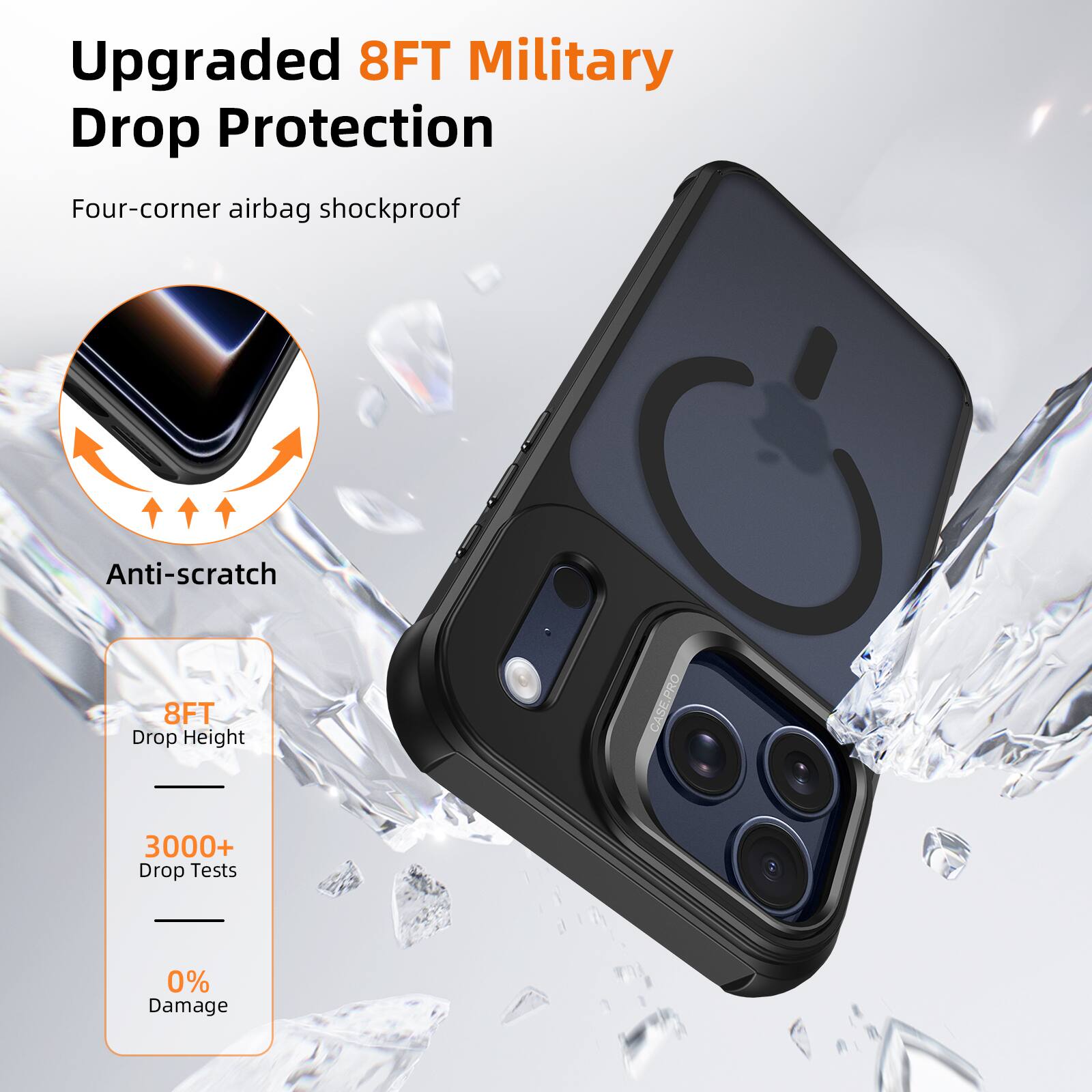 Upgraded 8FT Military Drop Protection  
Four-corner airbag shockproof  
Anti-scratch  
8FT Drop Height  
3000+ Drop Tests  
0% Damage