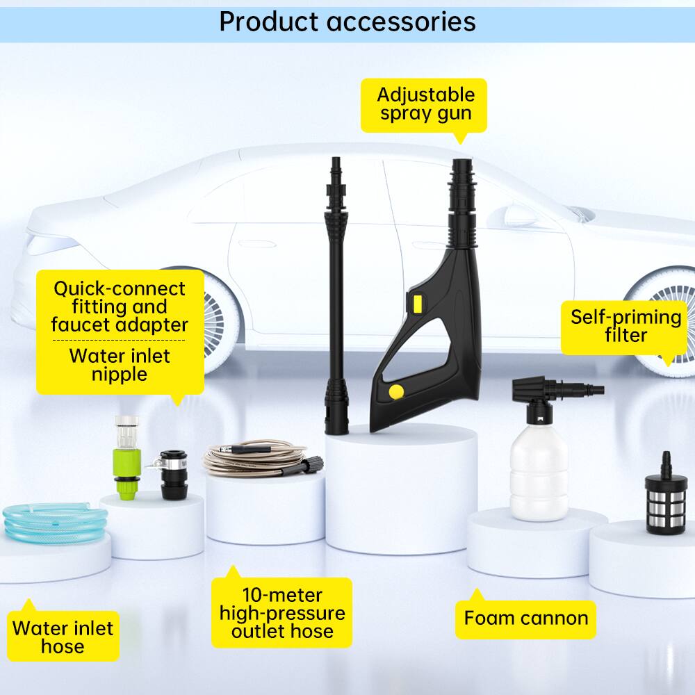 Product accessories

- Adjustable spray gun
- Quick-connect fitting and faucet adapter
- Water inlet nipple
- Self-priming filter
- Water inlet hose
- 10-meter high-pressure outlet hose
- Foam cannon