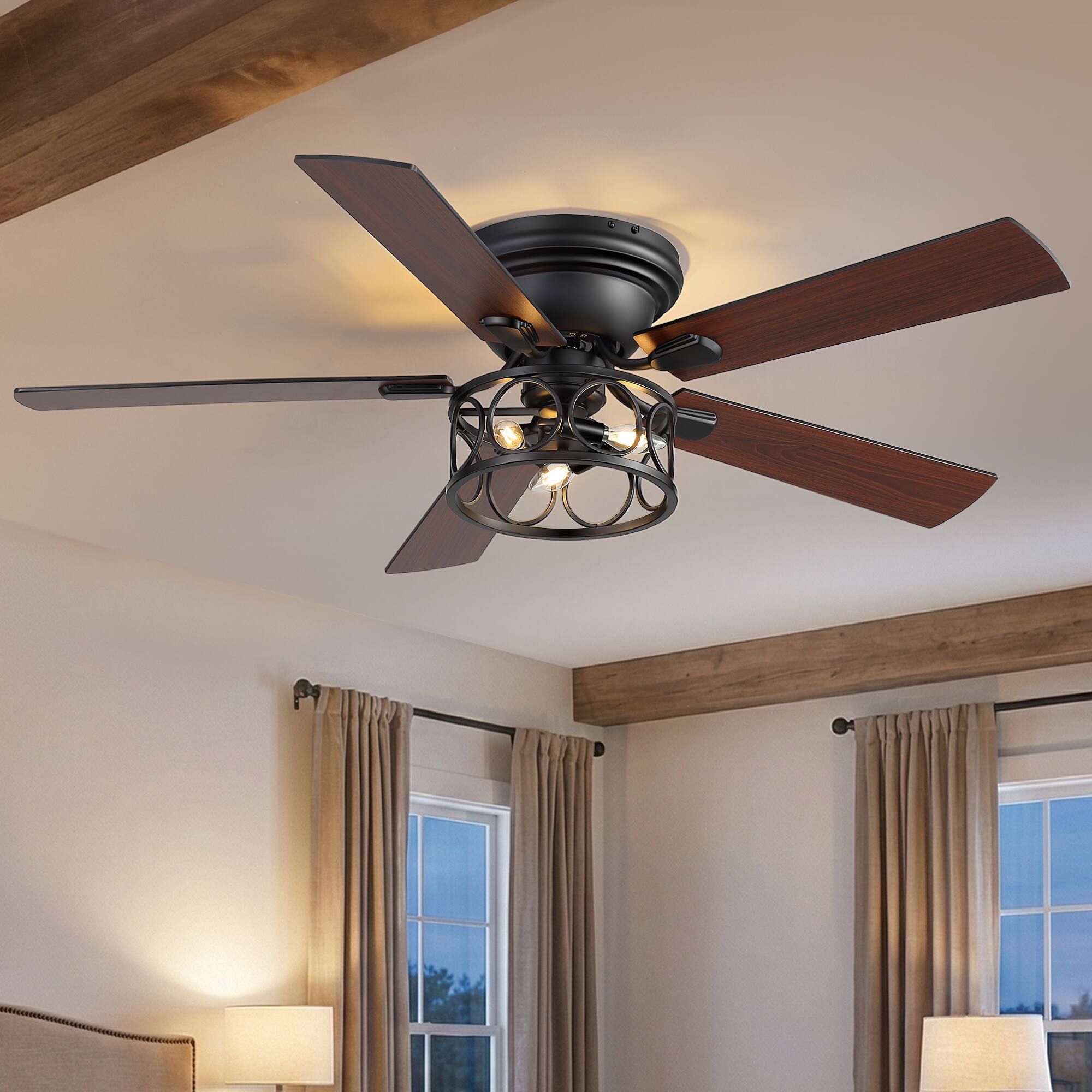 Left. Breezary - 52 Inch Surface Mounted Ceiling Fan with Caged Light, E12 Bulbs, DC Motor, 6-Speed Remote, Timer - Black & Walnut.