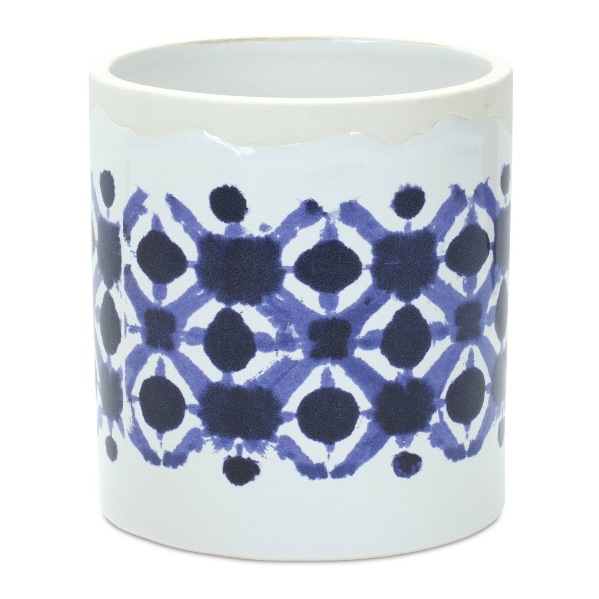 Angle. BreeBe - Tie-Dye Print Ceramic Pot (Set of 2) - White, Blue.
