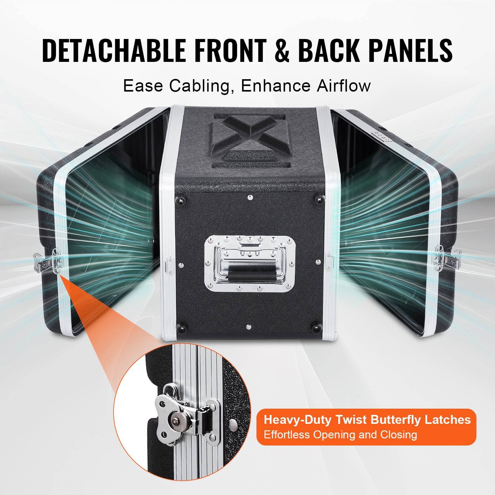DETACHABLE FRONT & BACK PANELS  
Ease Cabling, Enhance Airflow  

Heavy-Duty Twist Butterfly Latches  
Effortless Opening and Closing