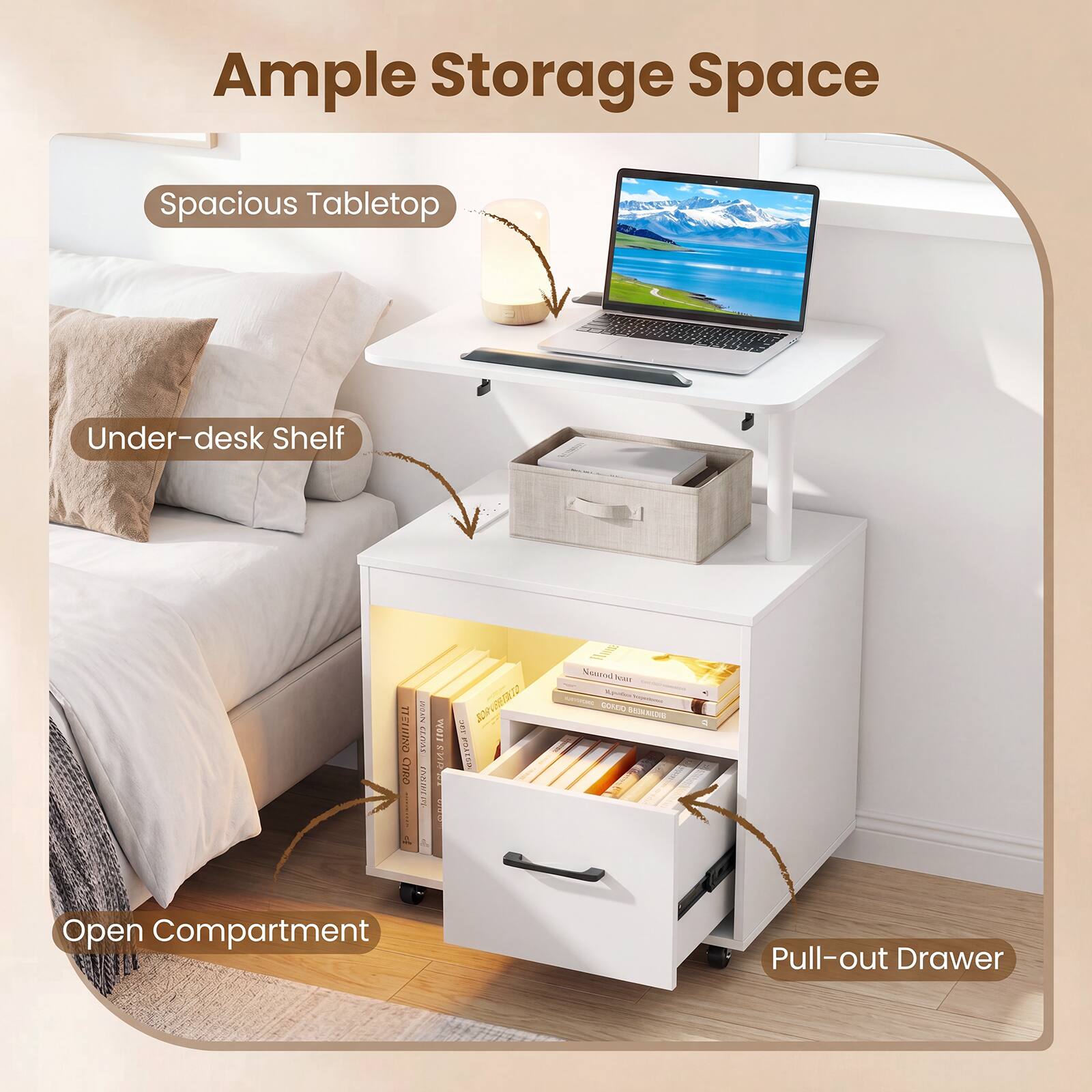 Ample Storage Space

- Spacious Tabletop
- Under-desk Shelf
- Open Compartment
- Pull-out Drawer
