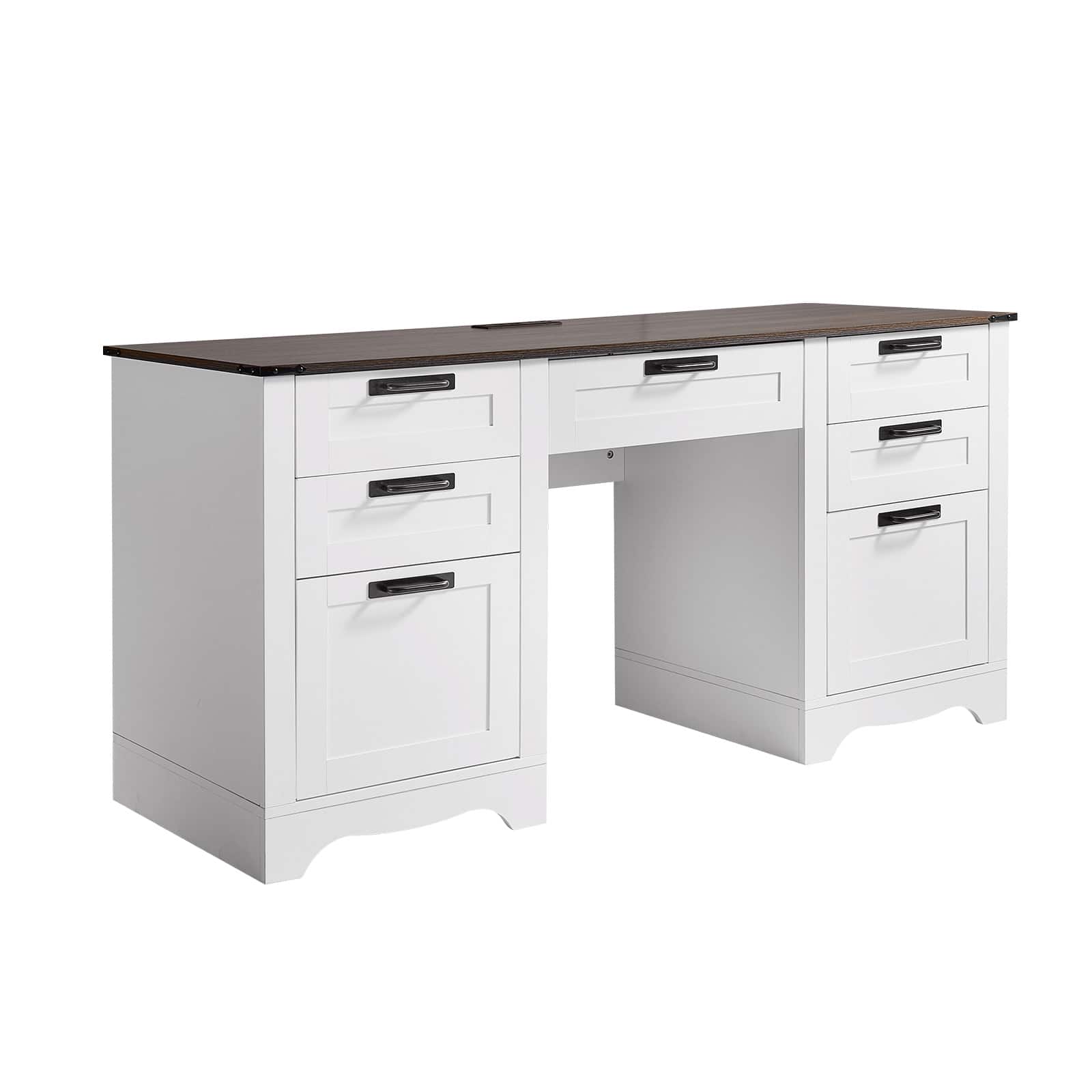 VEVOR - Executive Desk, Farmhouse Office Table with Charging Station, Heavy Duty Particle Board Executive Table - Walnut + White