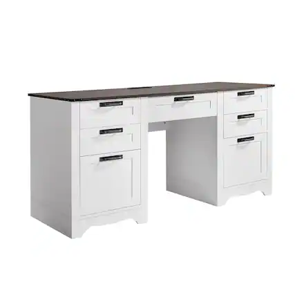 Front. VEVOR - Executive Desk, Farmhouse Office Table with Charging Station, Heavy Duty Particle Board Executive Table - Walnut + White.