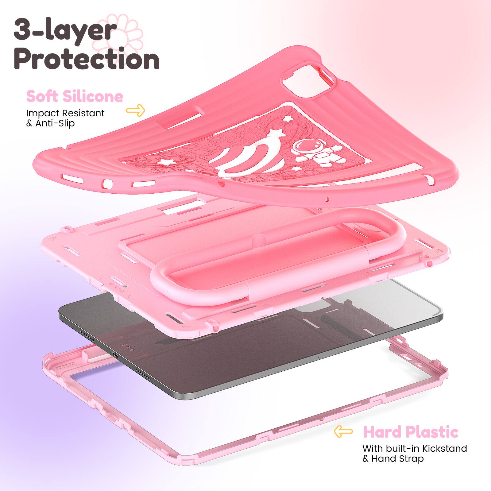 3-layer Protection

Soft Silicone  
Impact Resistant & Anti-Slip

Hard Plastic  
With built-in Kickstand & Hand Strap