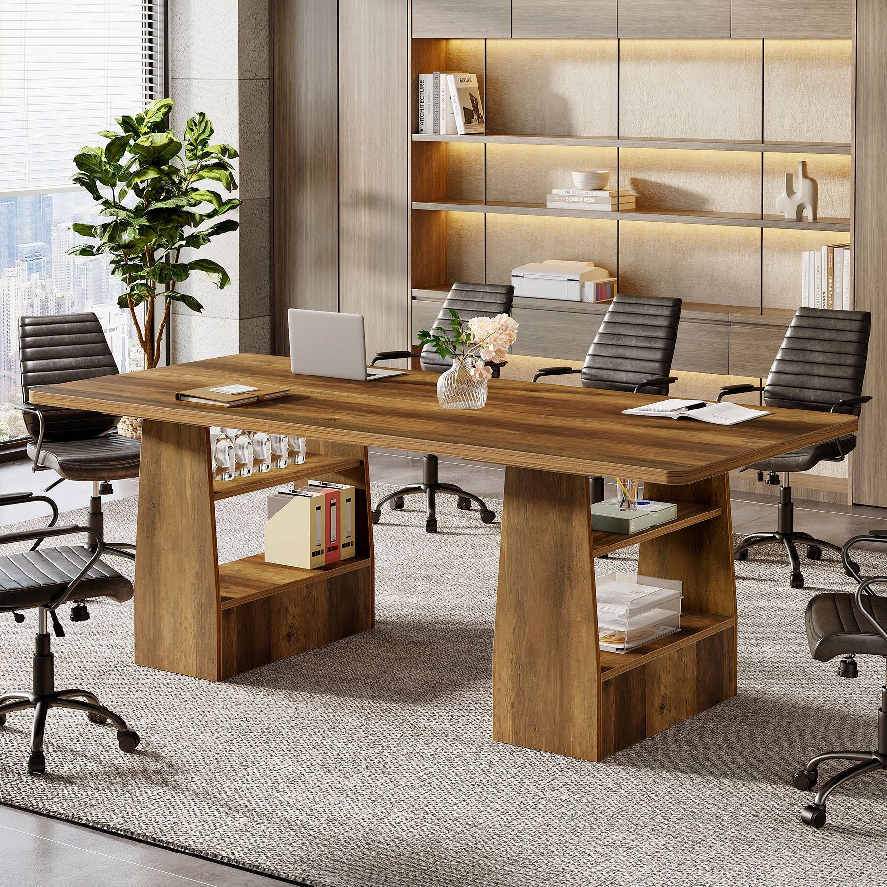 Alt View 1. Tribesigns - Conference Table with Wood Grain Finish and Rectangular Top for Meetings, Writing and Everyday Work - Brown.