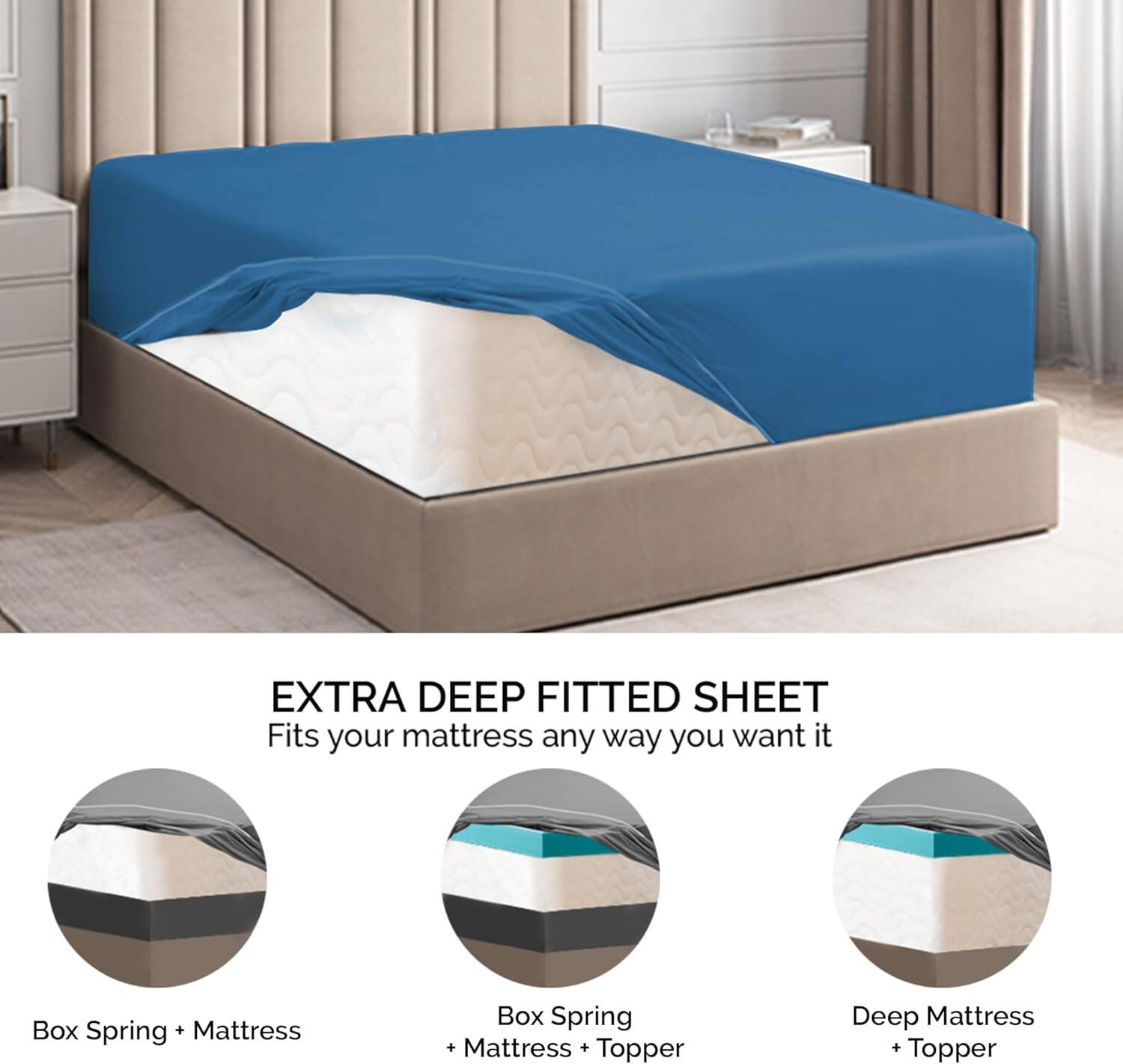 EXTRA DEEP FITTED SHEET  
Fits your mattress any way you want it  

- Box Spring + Mattress  
- Box Spring + Mattress + Topper  
- Deep Mattress + Topper