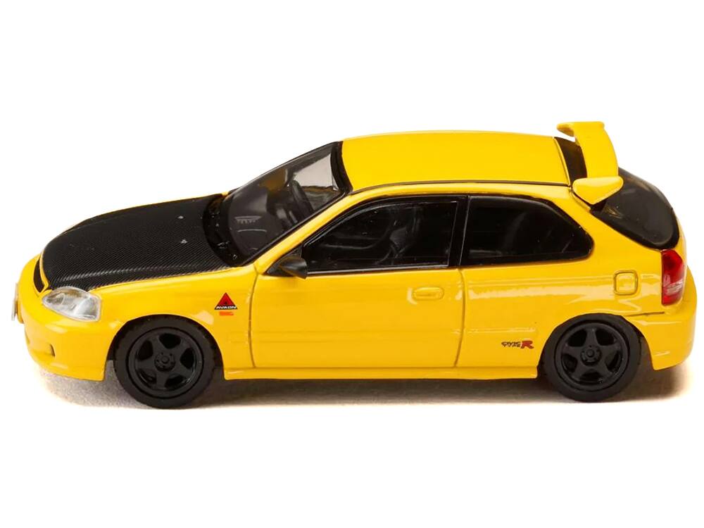 Alt View 1. Hobby Japan - Honda Civic (EK9) RHD Yellow with Carbon Hood "Initial D" (1995-2013) Manga 1/64 Diecast Model Car by Hobby Japan.