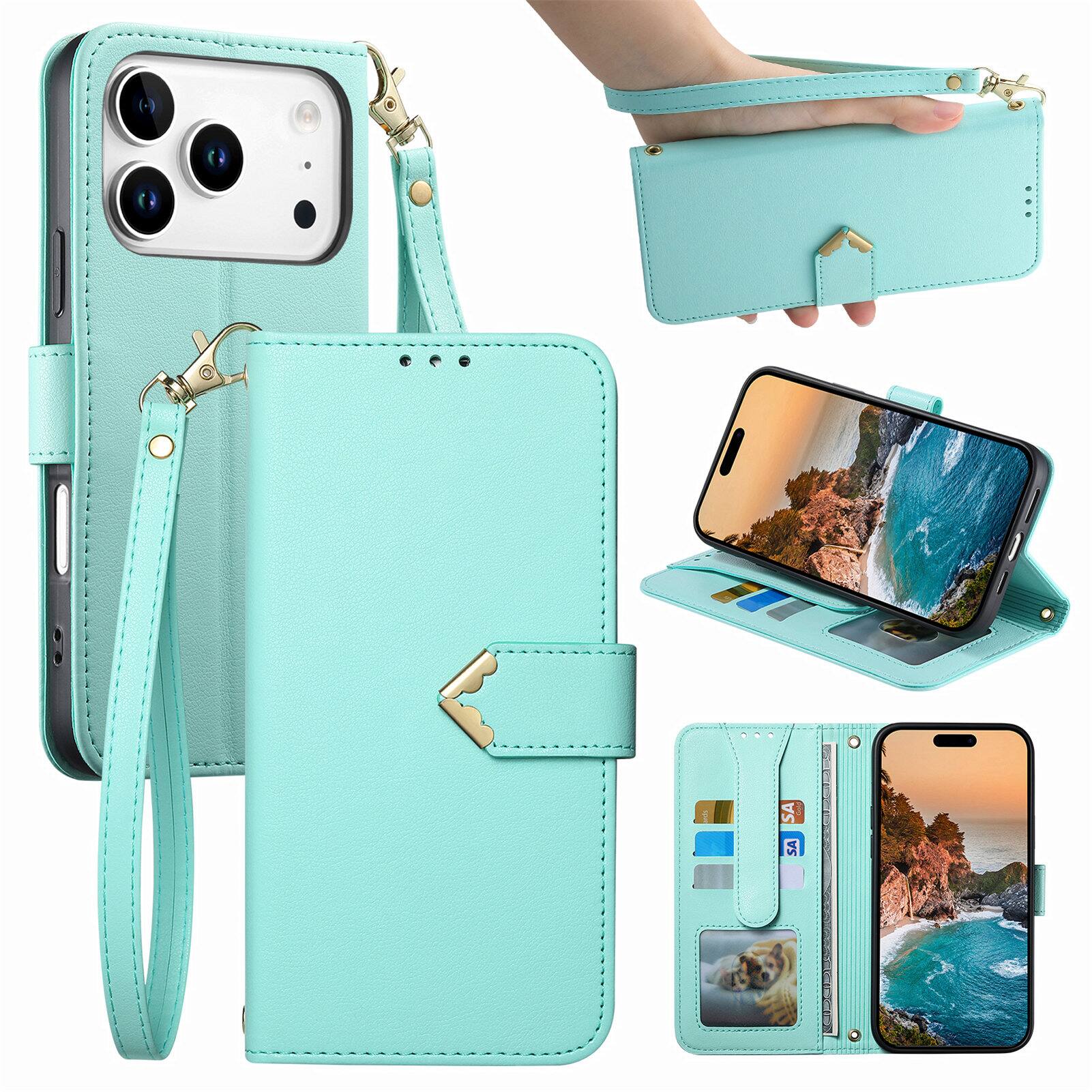 Front. Dteck - Leather Wallet Case for Apple iPhone 18 Pro with Crossbody Strap, Shockproof Card Holder Kickstand Protective Cover - Mint.