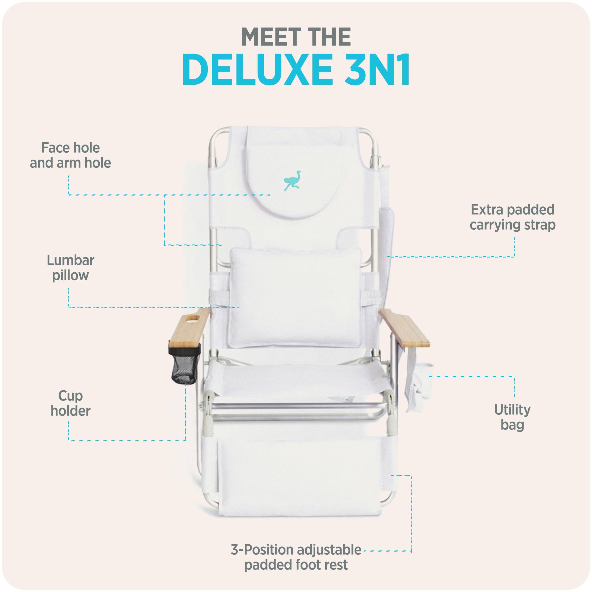 MEET THE DELUXE 3N1

- Face hole and arm hole
- Extra padded carrying strap
- Lumbar pillow
- Cup holder
- Utility bag
- 3-Position adjustable padded foot rest