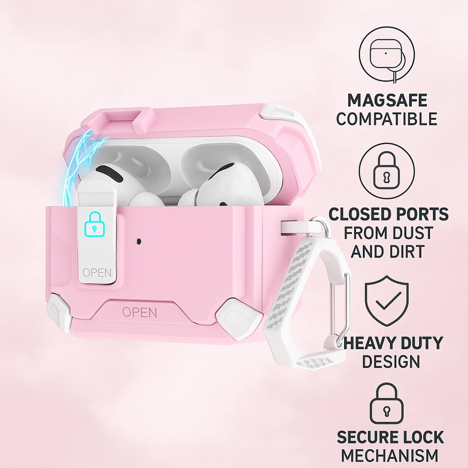 - MAGSAFE COMPATIBLE
- CLOSED PORTS FROM DUST AND DIRT
- HEAVY DUTY DESIGN
- SECURE LOCK MECHANISM