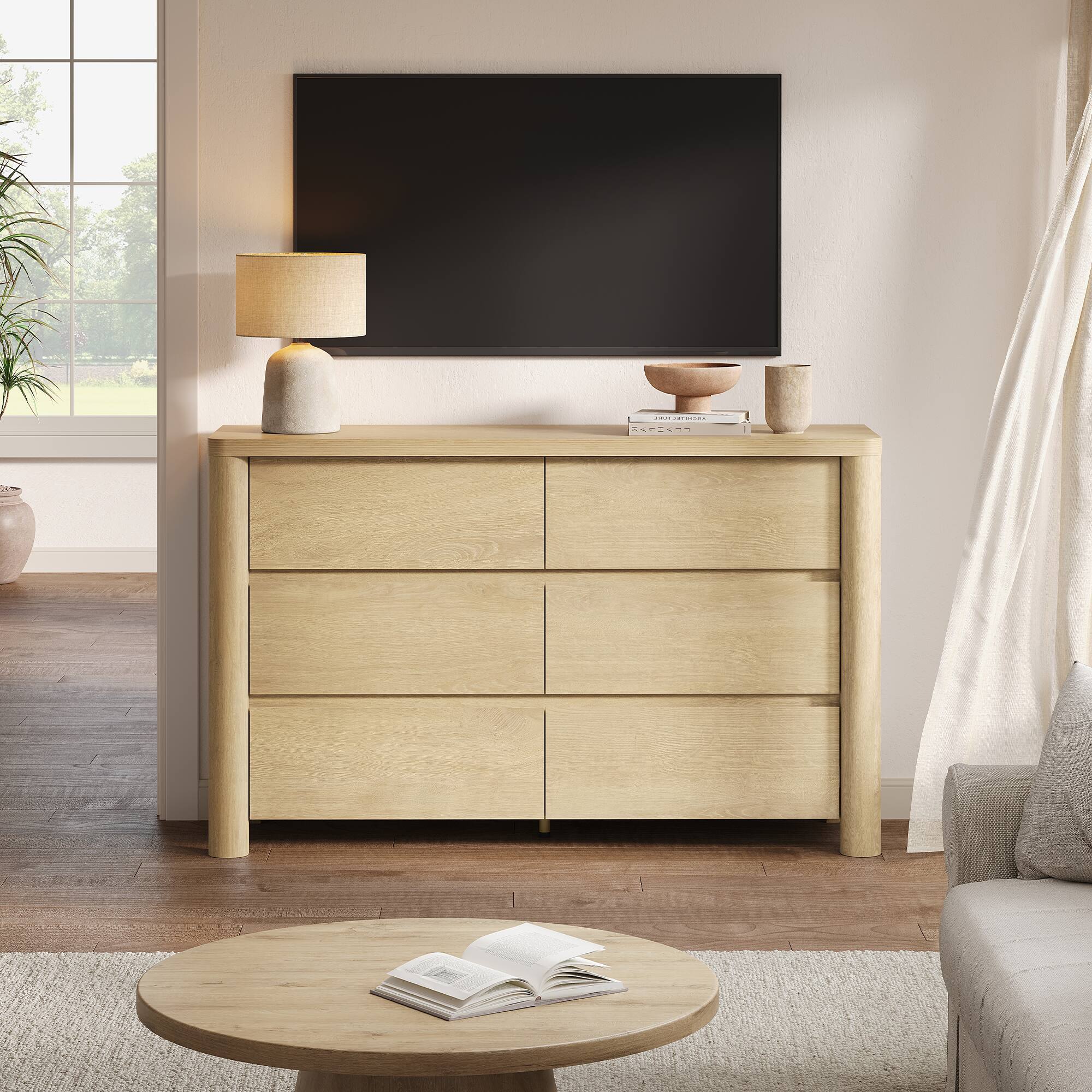 Angle. ModernMate - 6 Drawers Dresser Modern Natural Wood 52.75" W Dresser Chest for Bedroom Living Room - Natural Oak.