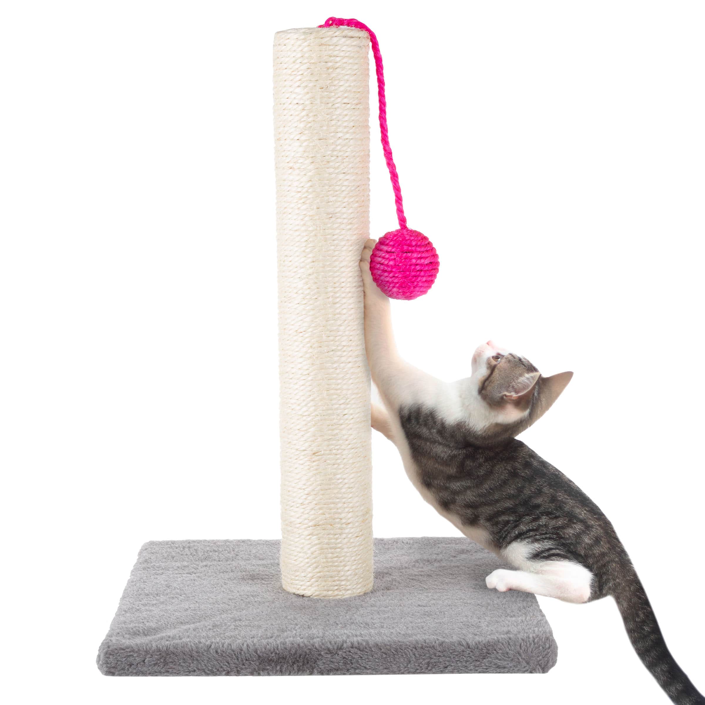 PetMaker - 17-Inch Cat Scratching Post Sisal Rope and Carpet Scratching Pole with Bright Pink Hanging Ball Toy for Cats and Kittens - Gray