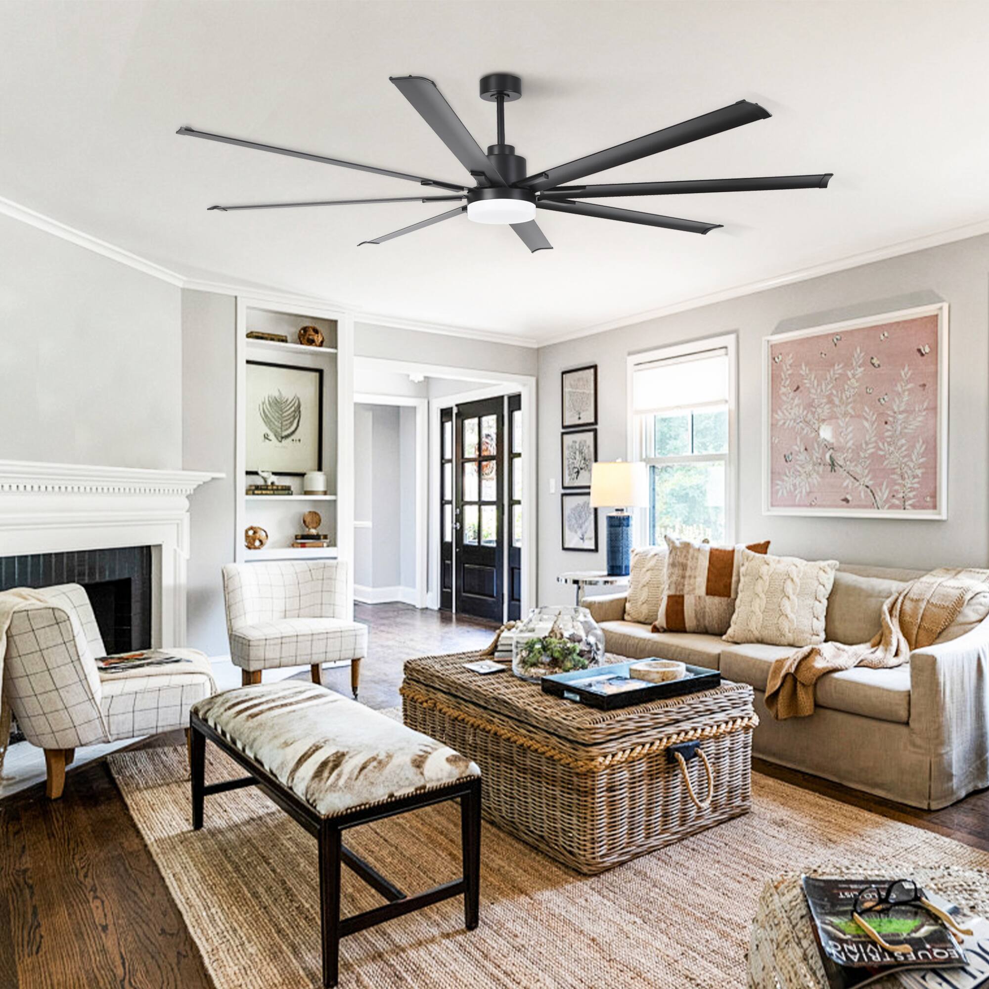 Back. Vaczon - 84" Industrial Aluminum 8-Blade Large Indoor Commercial Ceiling Fan with Dimmable 3CCT LED Light and Remote - Matte Black.