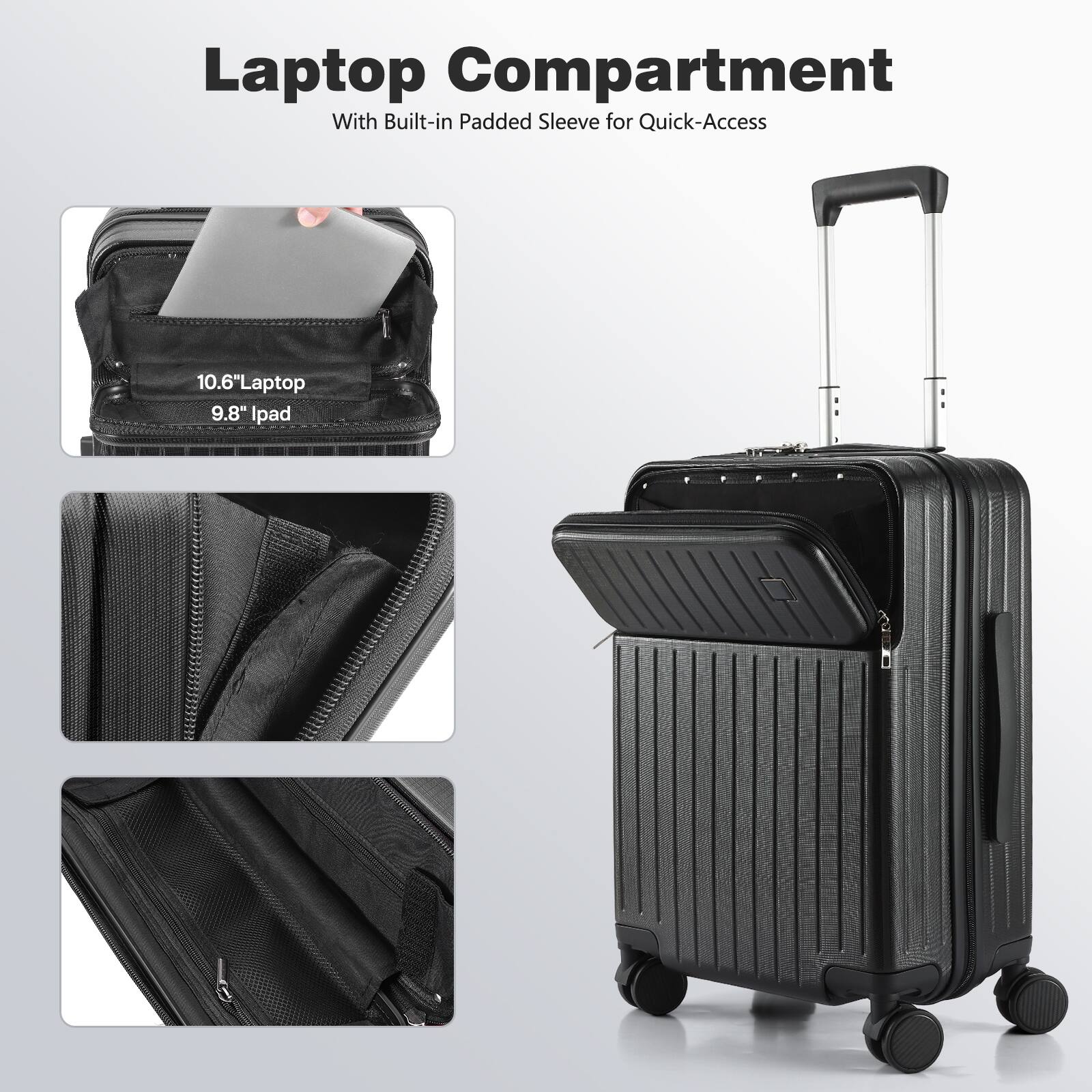 Laptop Compartment  
With Built-in Padded Sleeve for Quick-Access  

10.6" Laptop  
9.8" iPad