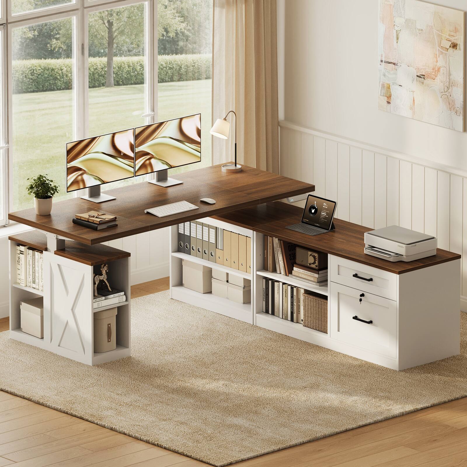 Front. OffiGo - Farmhouse L-Shaped Electric Standing Desk with Open Storage & Freestanding Cabinet for Flexible Layout - Walnut/White.