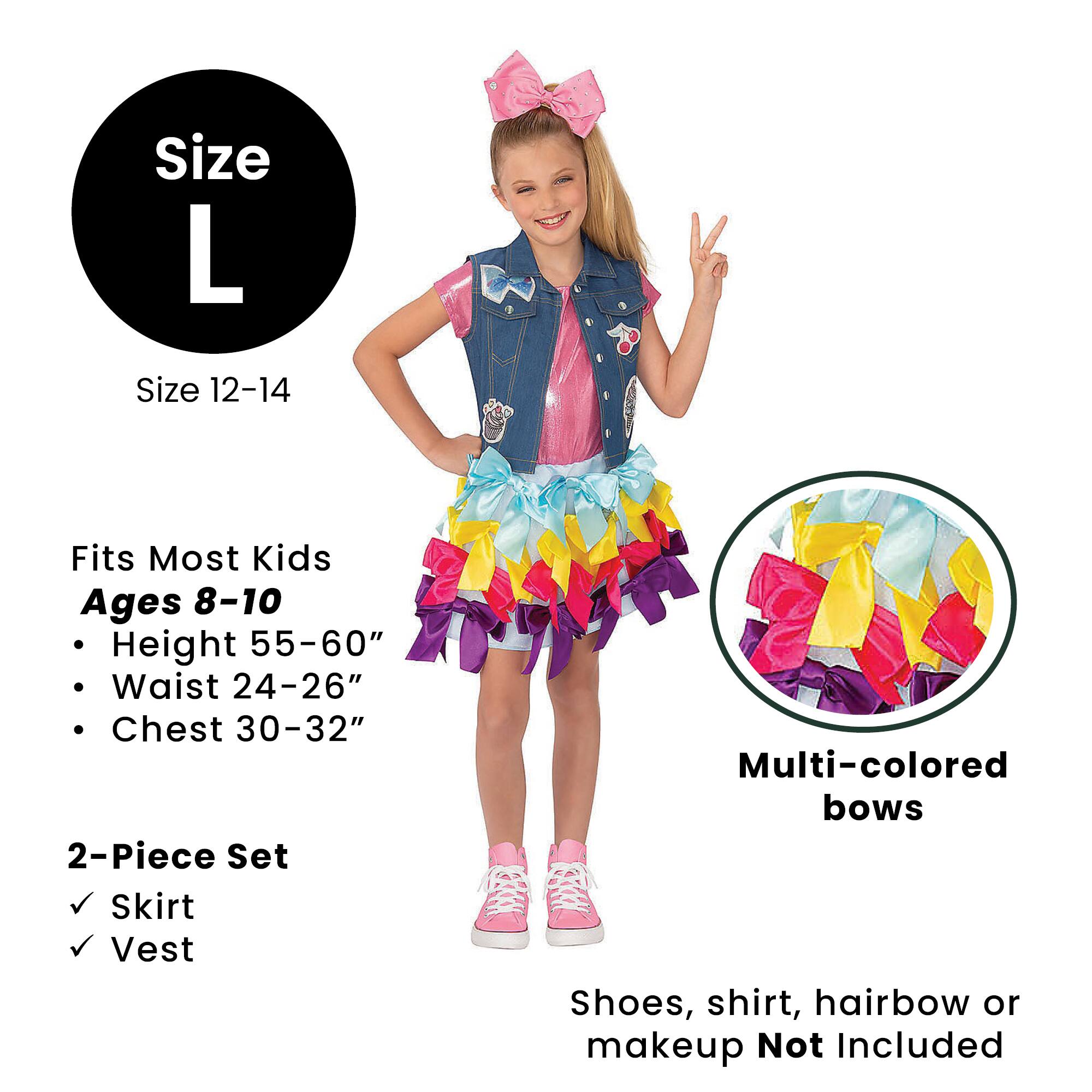 Size L  
Size 12-14  

Fits Most Kids  
Ages 8-10  
- Height 55-60"  
- Waist 24-26"  
- Chest 30-32"  

2-Piece Set  
- Skirt  
- Vest  

Multi-colored bows  

Shoes, shirt, hairbow or makeup Not Included