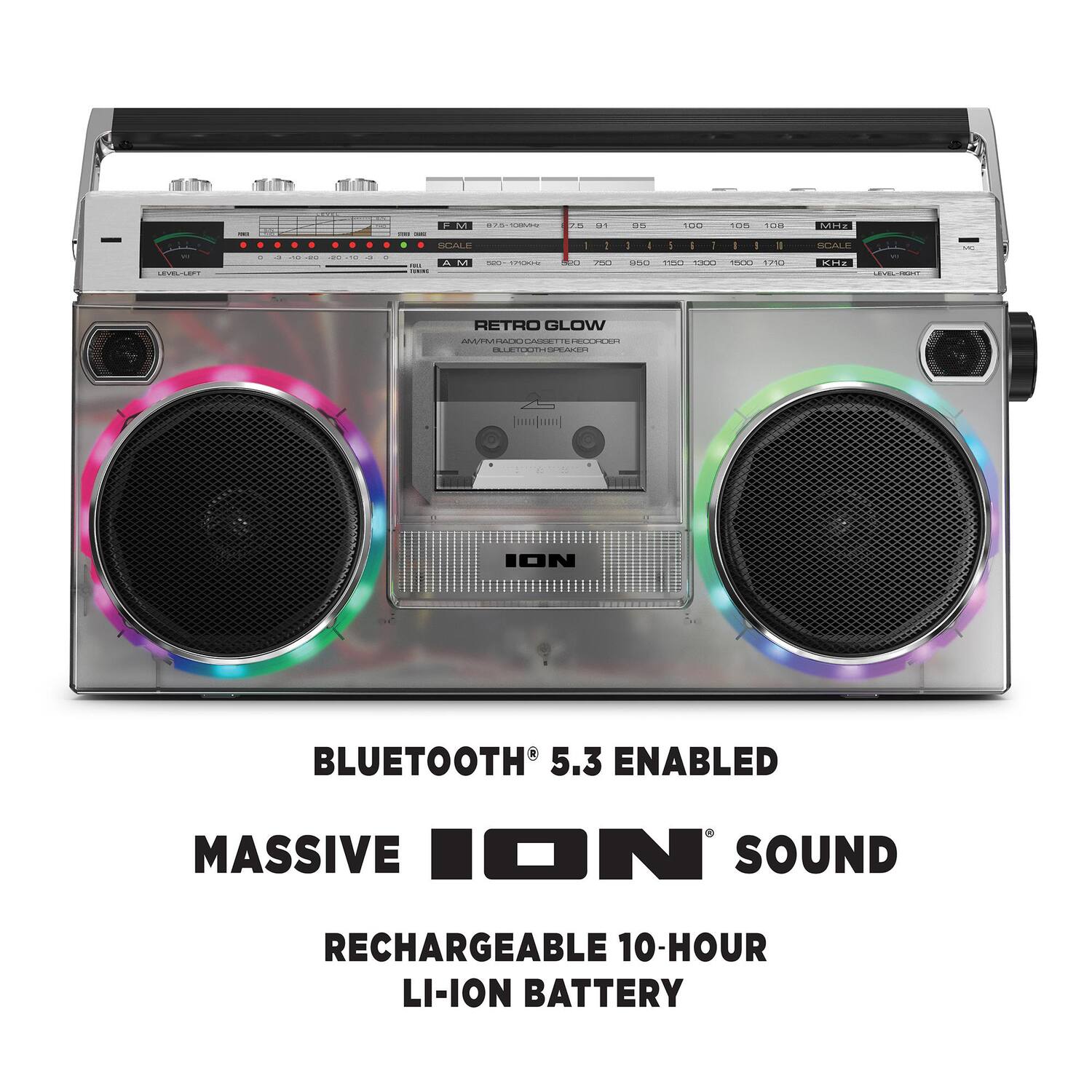 Sure, here is the corrected and grouped text from the image:

---

**RETRO GLOW**

**ION**

**BLUETOOTH® 5.3 ENABLED**

**MASSIVE ION SOUND**

**RECHARGEABLE 10-HOUR LI-ION BATTERY**

---

**CHC.E - M ! I .... + + - ...... + + + + C - - I : - - A Fd : i .. O  O -  ! - V Ps . -  .O 1  ads ... ... iO - ds aras MIsE GOALI KIE UC : RETRO GLOW a  GOON ICOO. -. ... -  [mujunol ION BLUETOOTH 5.3 ENABLED MASSIVE ION SOUND RECHARGEABLE 10-HOUR LI-ION BATTERY**

---

**ION**

**BLUETOOTH® 5.3 ENABLED**

**MASSIVE ION SOUND**

**RECHARGEABLE 10-HOUR LI-ION BATTERY**

---