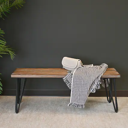 Front. GOODSILO - Industrial Rustic Dining Bench with Dark Pine Finish and Metallic Hairpin Legs for Modern Home Decor - Brown.