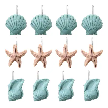 Front. AGPtek - 12PCS Seashell Anti Rust Decorative Shower Curtain Hooks - Blue.