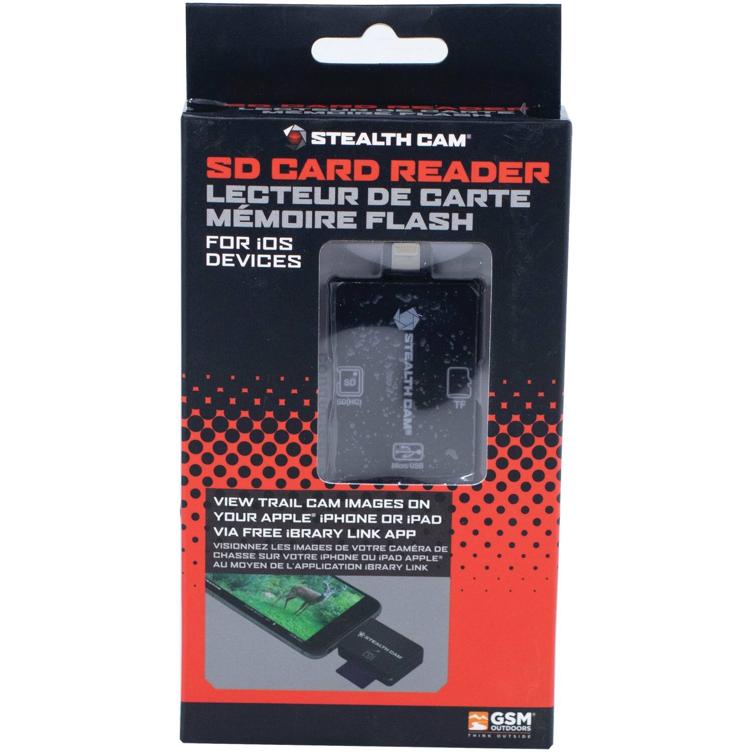 EERI UT STEALTH CAM' SD CARD READER LECTEUR DE CARTE MÉMOIRE FLASH FOR iOS DEVICES SD SD(IC) STEALTH CAM TF Micro USB VIEW TRAIL CAM IMAGES ON YOUR APPLE IPHONE OR iPAD VIA FREE IIBRARY LINK APP VISIONNEZ LES IMAGES DE VOTRE CAMERA DE CHASSE SUR VOTRE IPHONE DU IPAD APPLE AU MOYEN DE L'APPLICATION IBRARY LINK mAN GSM OUTDOORS