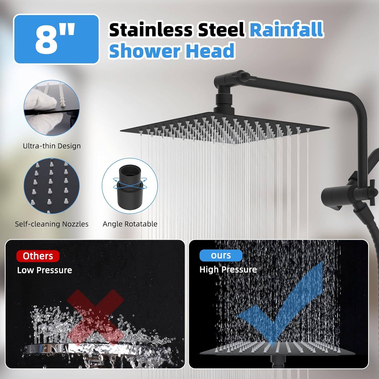 Stainless Steel Rainfall 8" Shower Head  
Ultra-thin Design  
Self-cleaning Nozzles  
Angle Rotatable  

Others: Low Pressure  
Ours: High Pressure