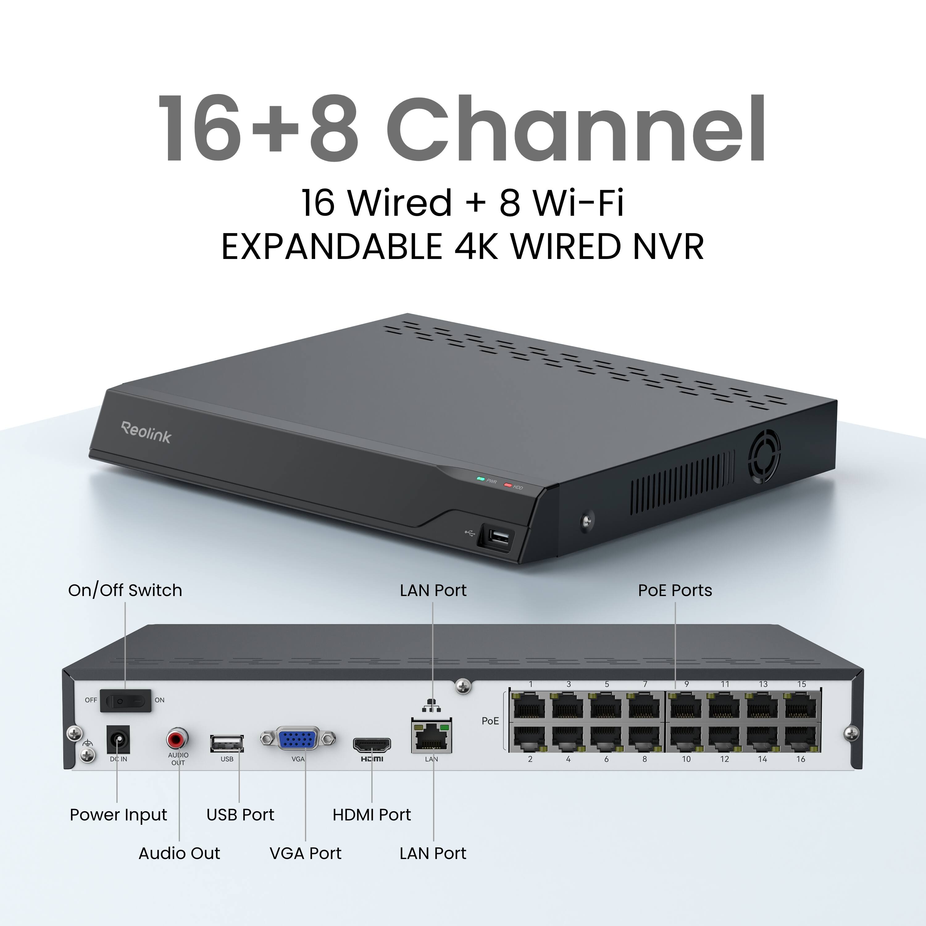 16+8 Channel  
16 Wired + 8 Wi-Fi  
EXPANDABLE 4K WIRED NVR  

Reolink  

On/Off Switch  
LAN Port  
PoE Ports  

Power Input  
USB Port  
HDMI Port  
Audio Out  
VGA Port  
LAN Port