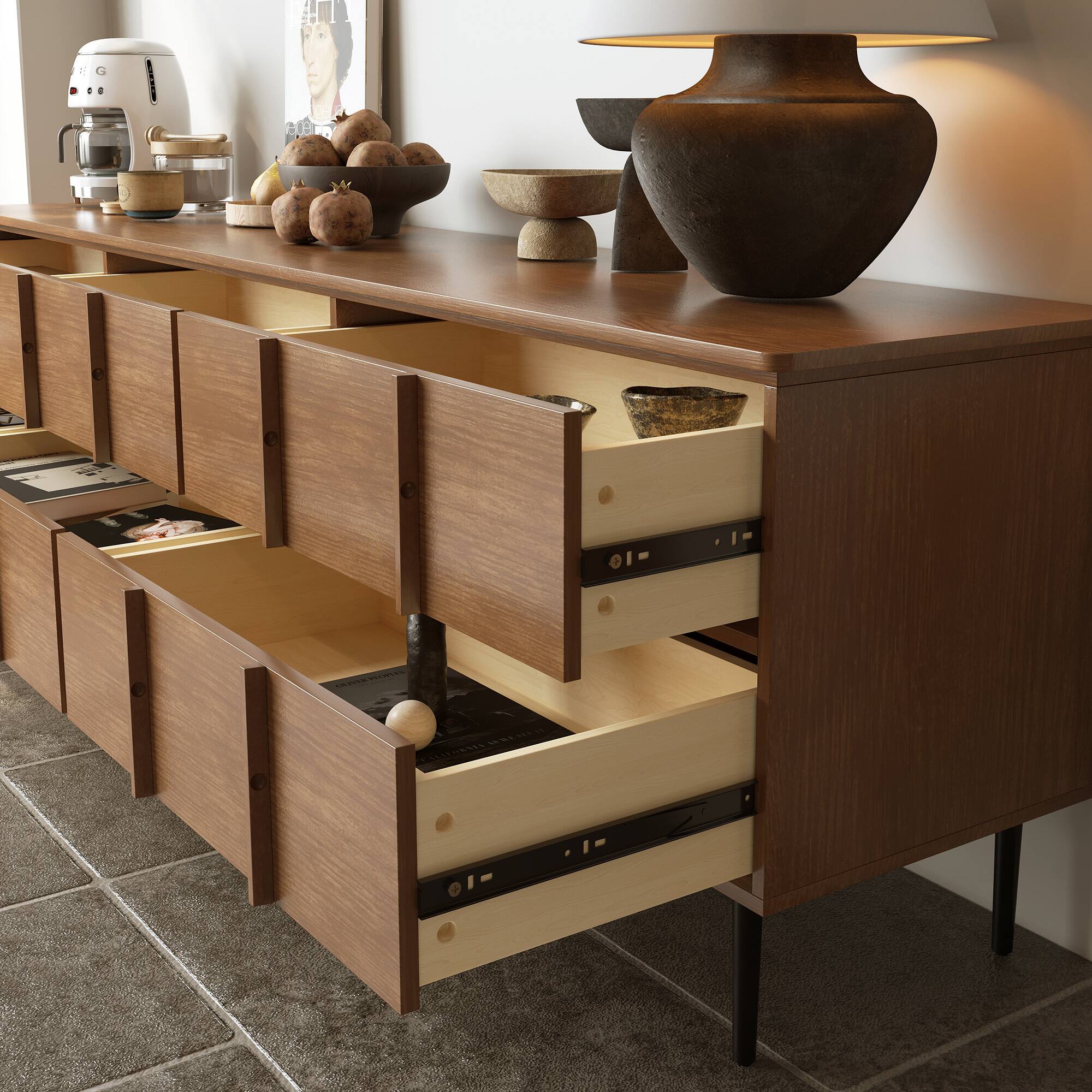 Alt View 2. luck idea - 86.61" Modern TV Stand with Multi Drawers, Metal Legs, Ventilation Holes - Walnut Color.